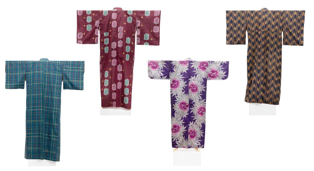 Japanese Men's Checked Silk Kimono, Taisho/Mid Showa Period, Three