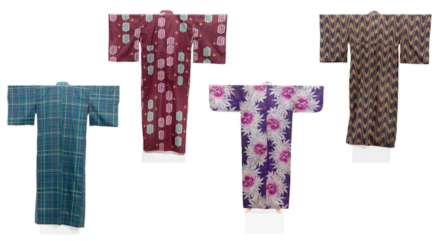 Japanese Men's Checked Silk Kimono, Taisho/Mid Showa Period, Three