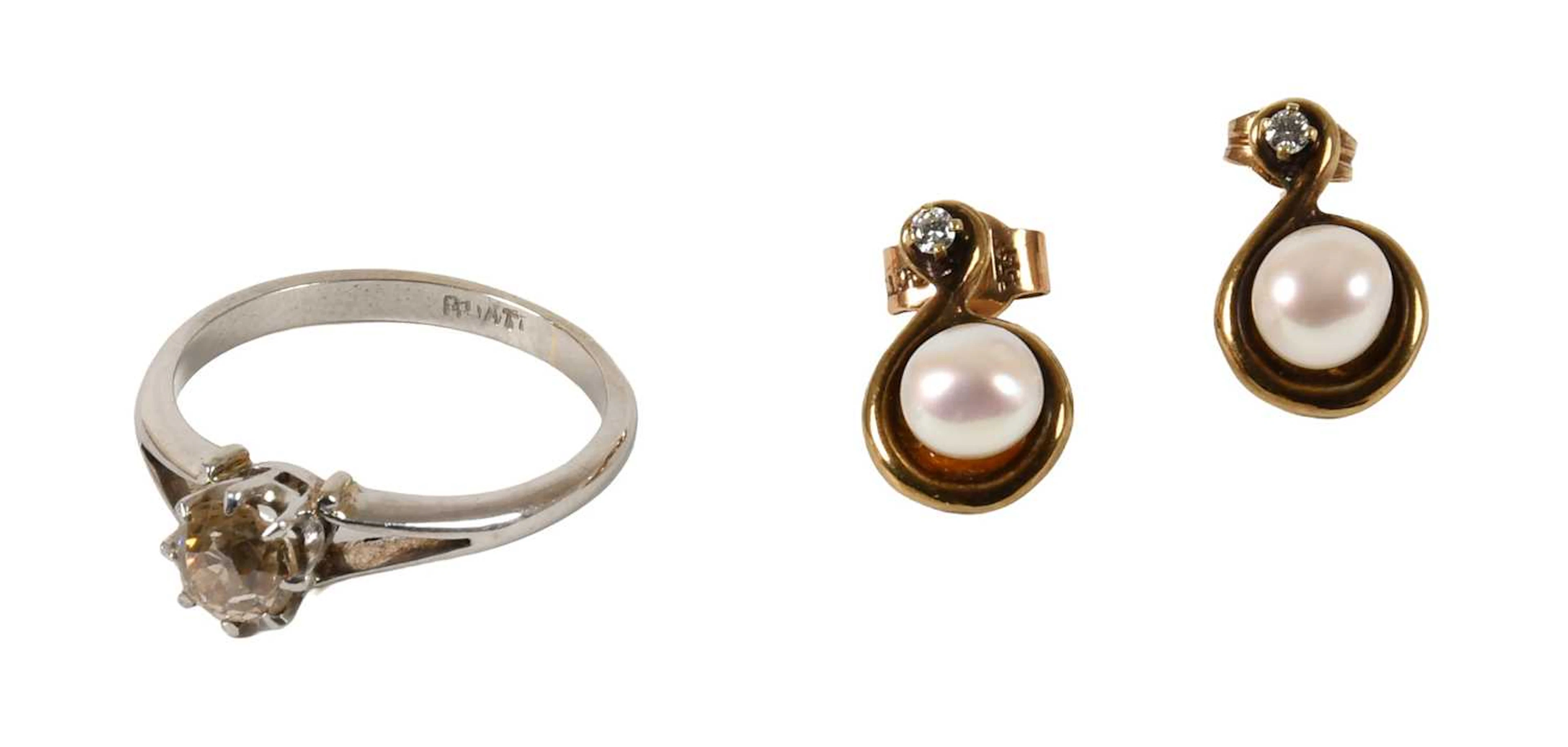 A Diamond Solitaire Ring, A Pair of 9 Carat Gold Diamond and Cultured