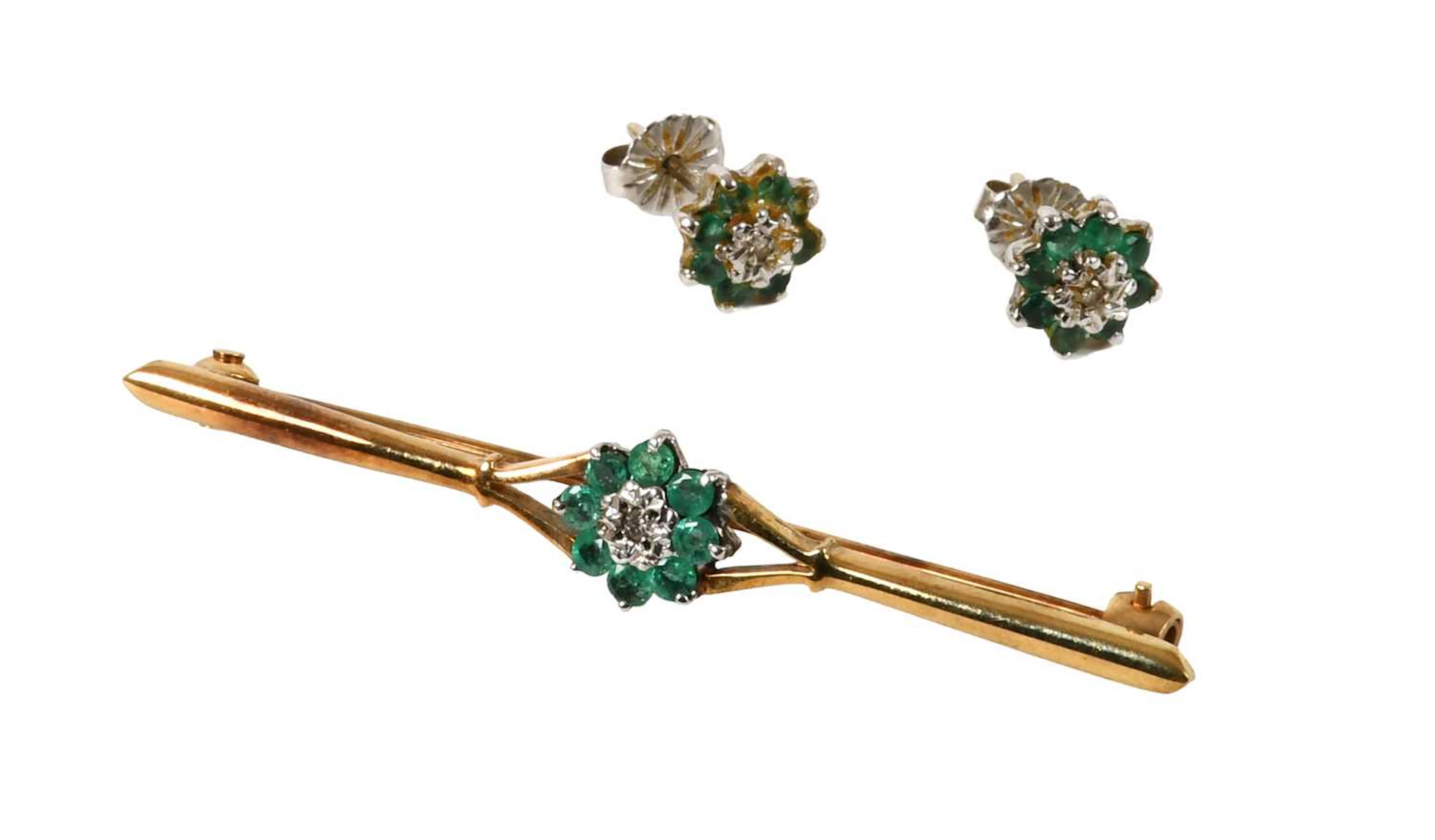 A 9 Carat Gold Emerald and Diamond Bar Brooch, A Similar Pair of 9