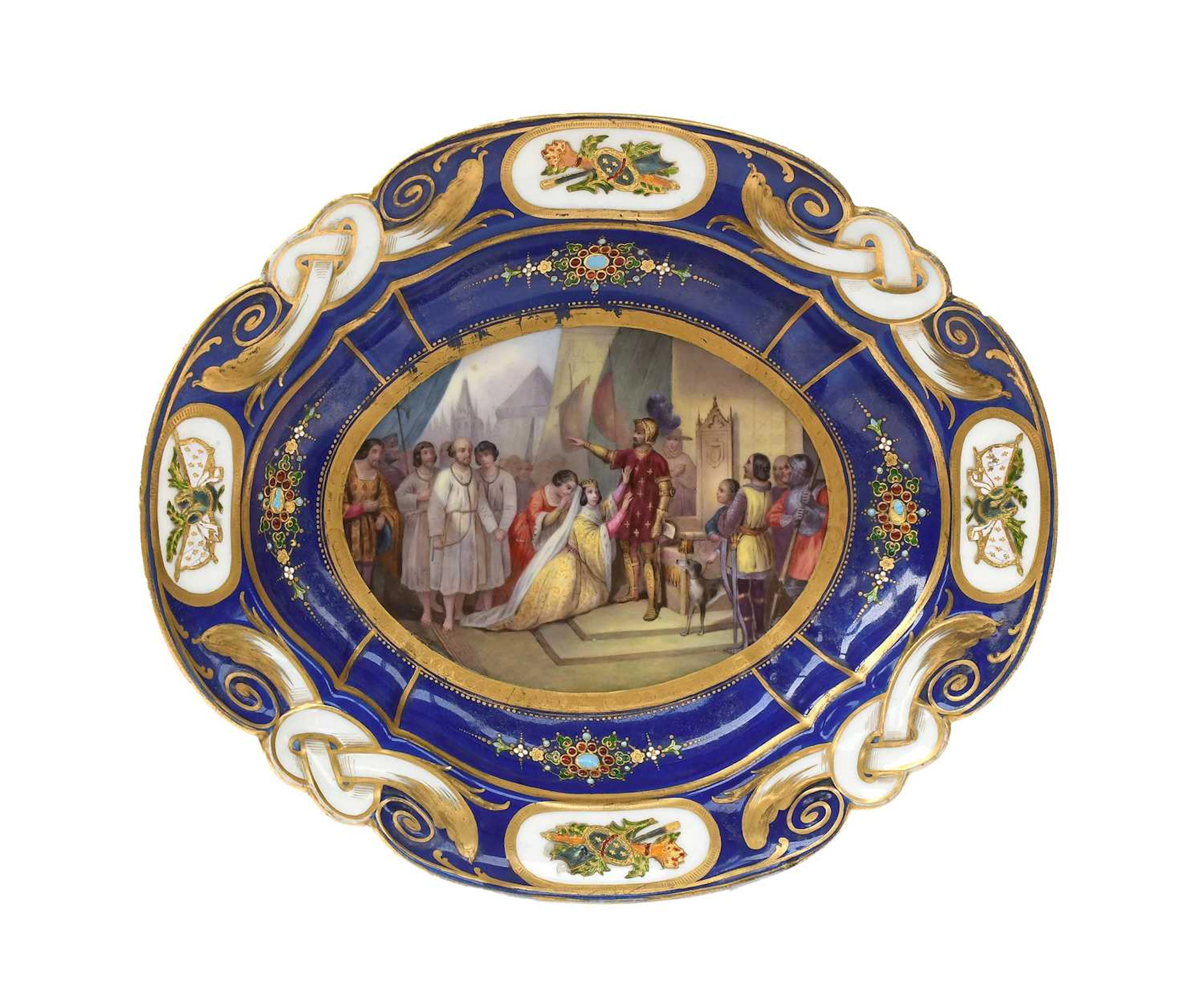 A Sèvres Porcelain Oval Dish, 18th century with later decoration
