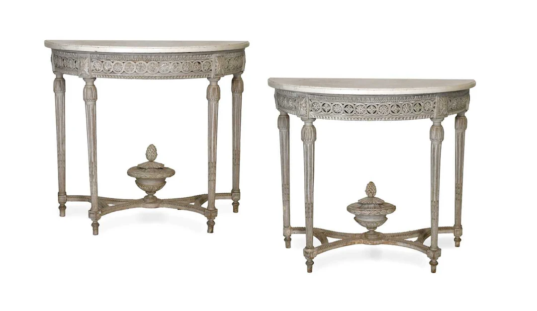 A Pair of Louis XVI-Style Carved and Grey Painted Console Tables