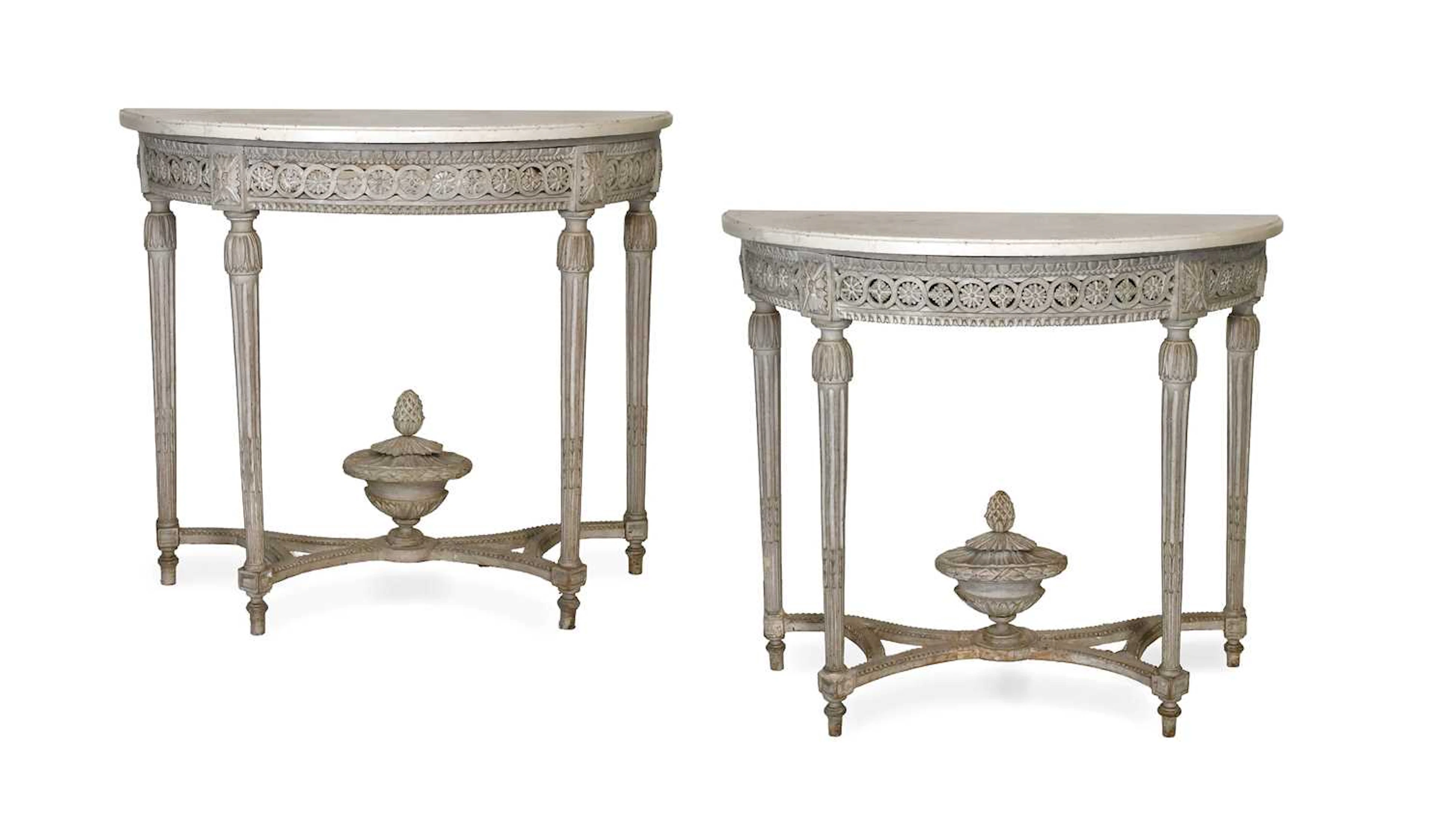 A Pair of Louis XVI-Style Carved and Grey Painted Console Tables