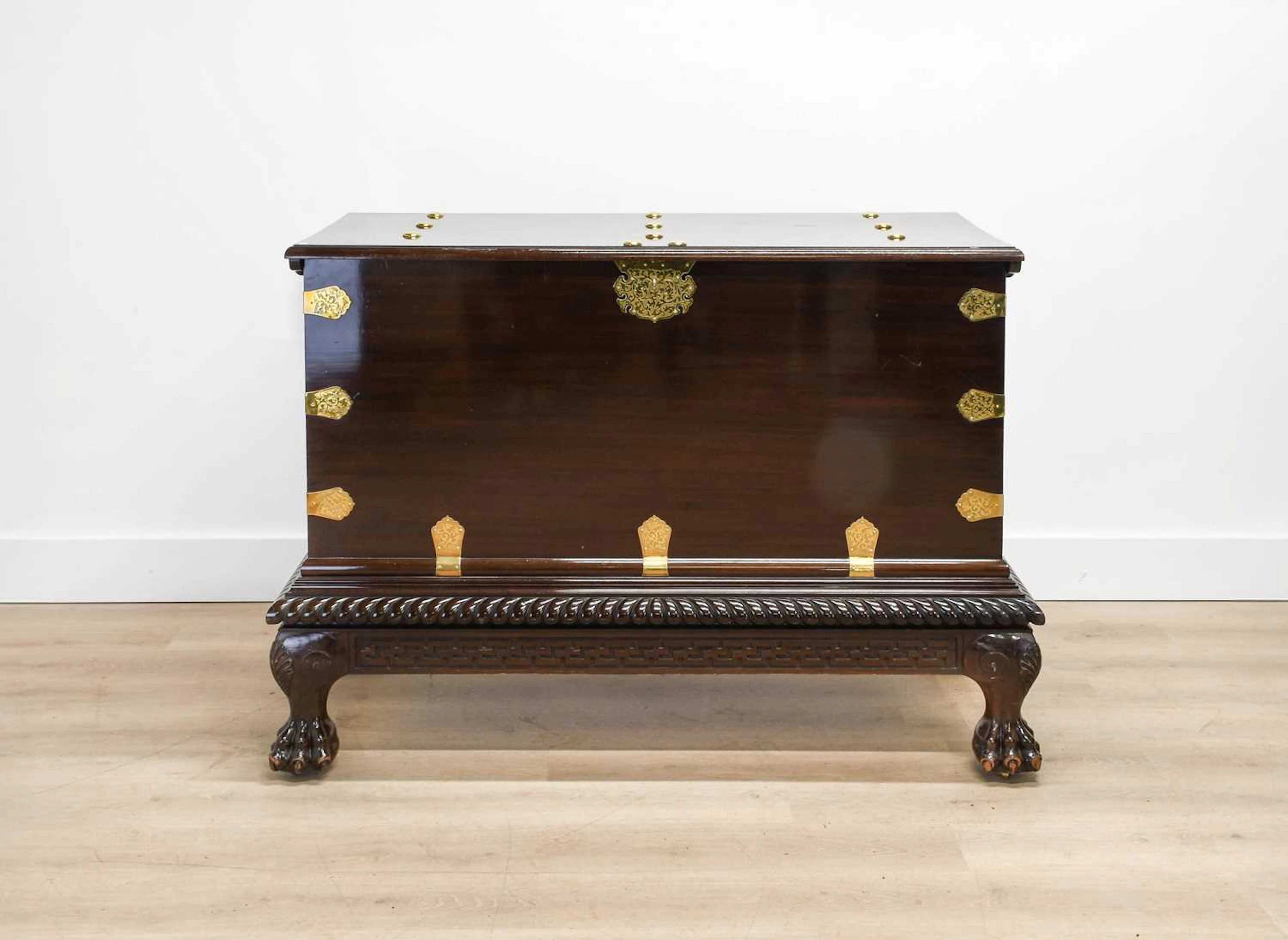 A Mahogany and Brass-Bound Chest on Stand, stamped GILLOWS, impressed