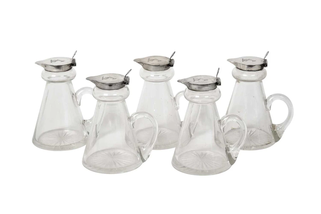 A Set of Five George VI Silver-Mounted Glass Whiskey-Tots by Hukin