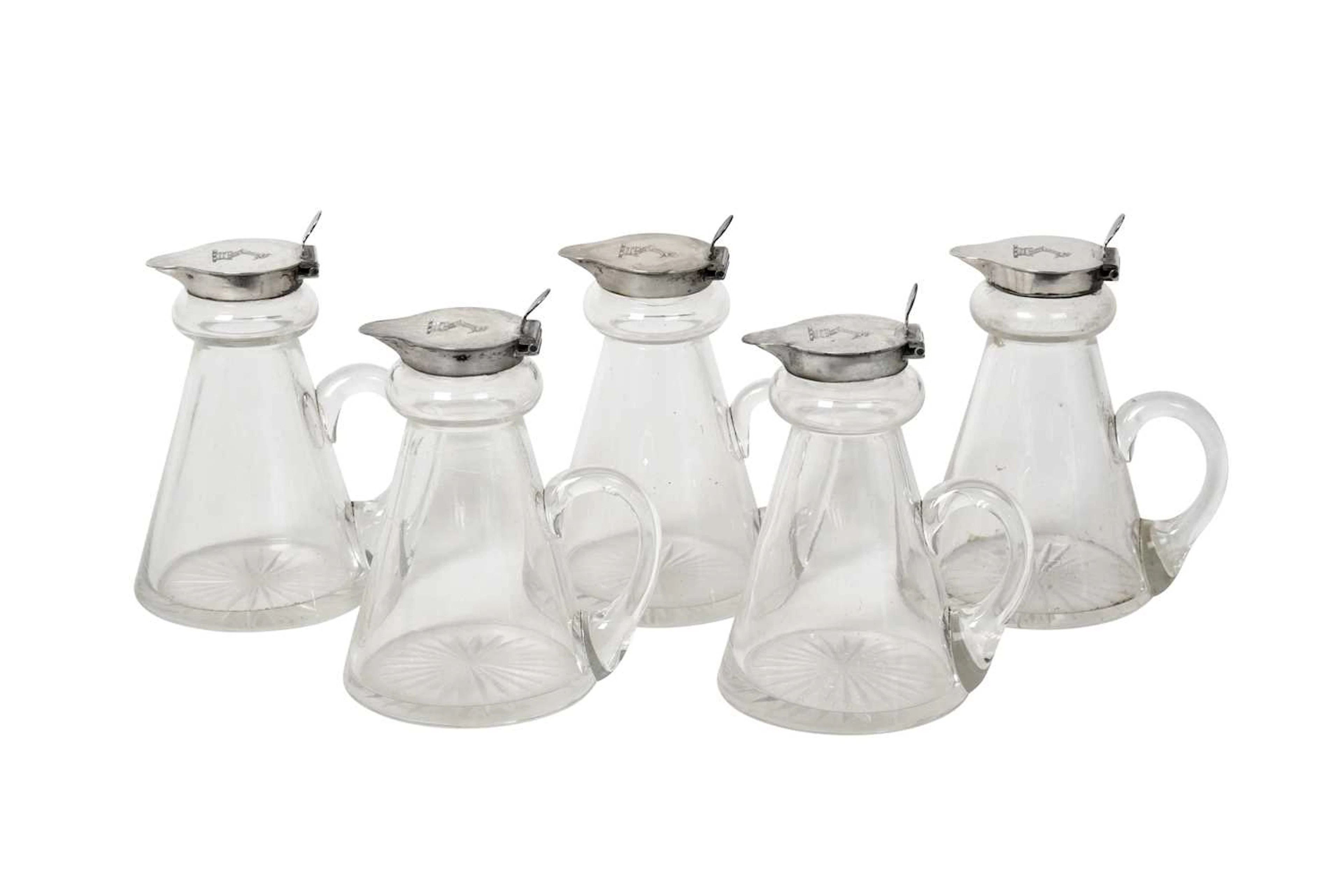 A Set of Five George VI Silver-Mounted Glass Whiskey-Tots by Hukin