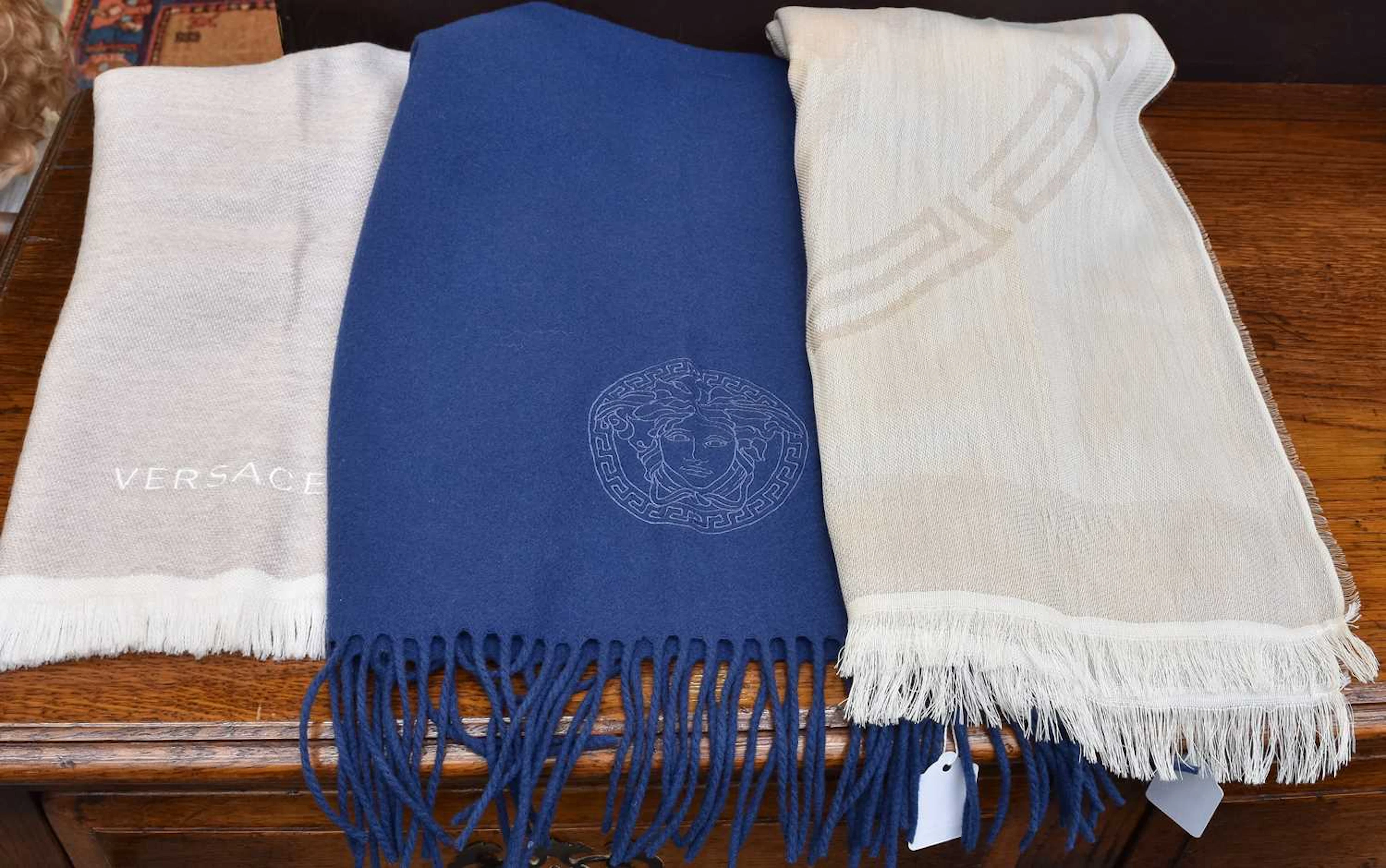 Two Similar Versace Wool Scarves, Versace Cream Woven Scarf
