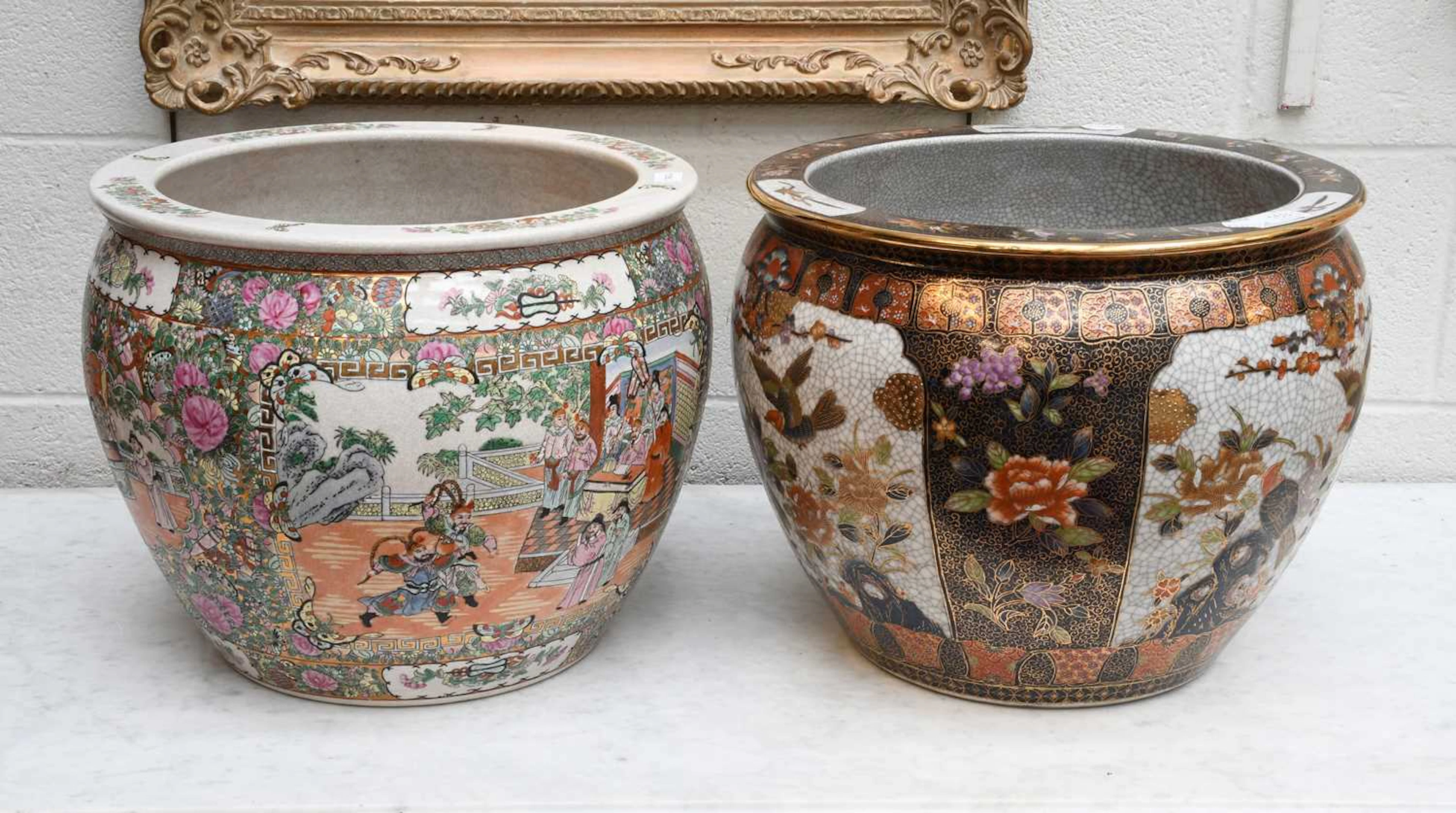 Two Large Cantonese Style Porcelain Fish Bowls / Jardinieres