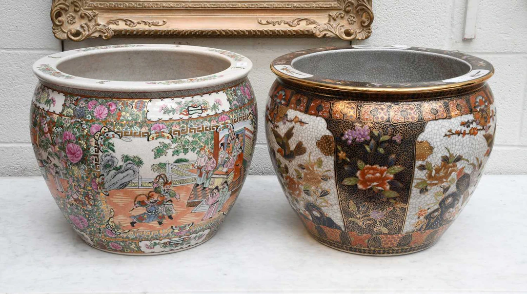 Two Large Cantonese Style Porcelain Fish Bowls / Jardinieres