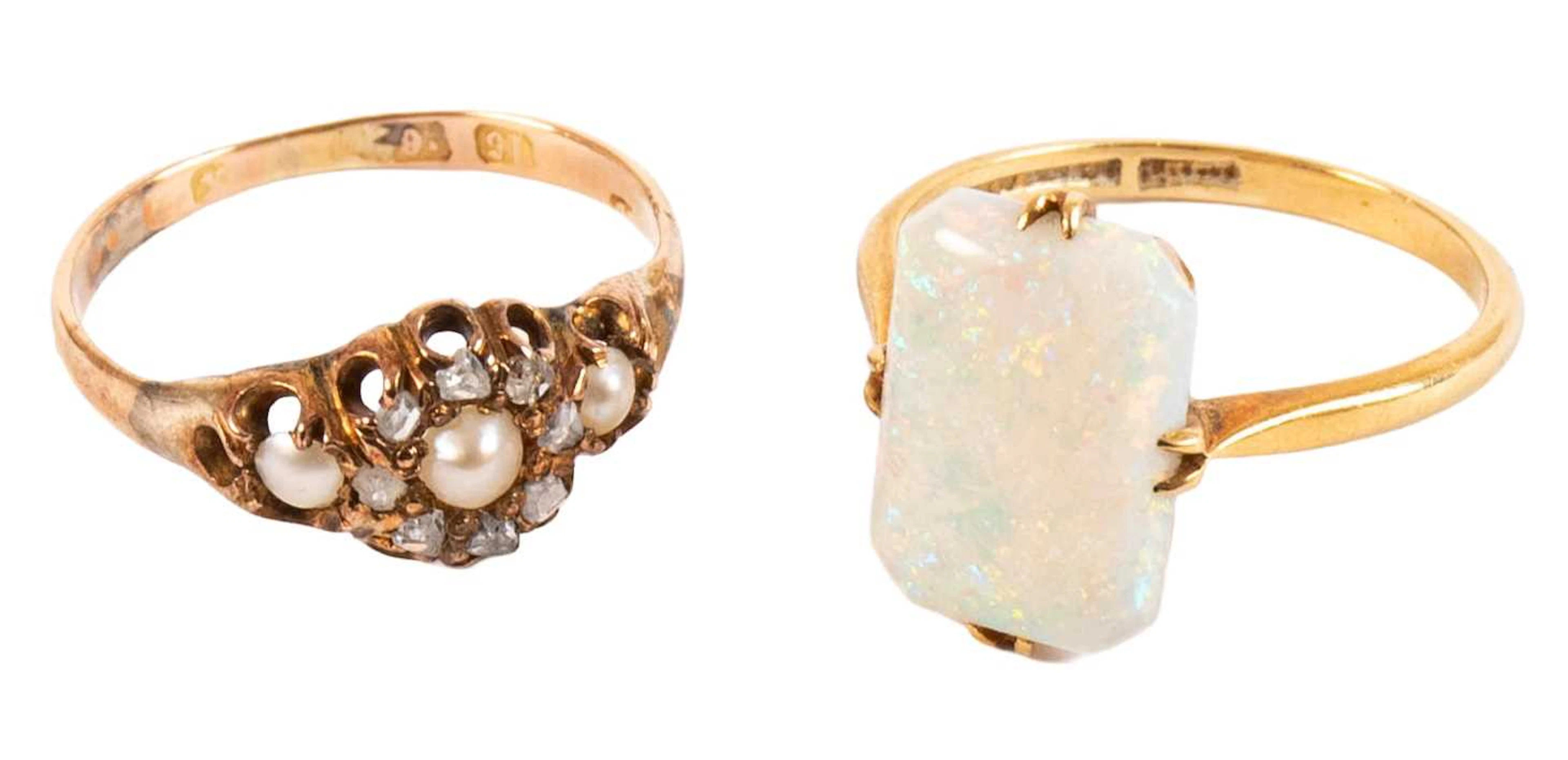 An Opal Solitaire Ring, A 15 Carat Gold Spilt Pearl and Diamond Cluster Ring