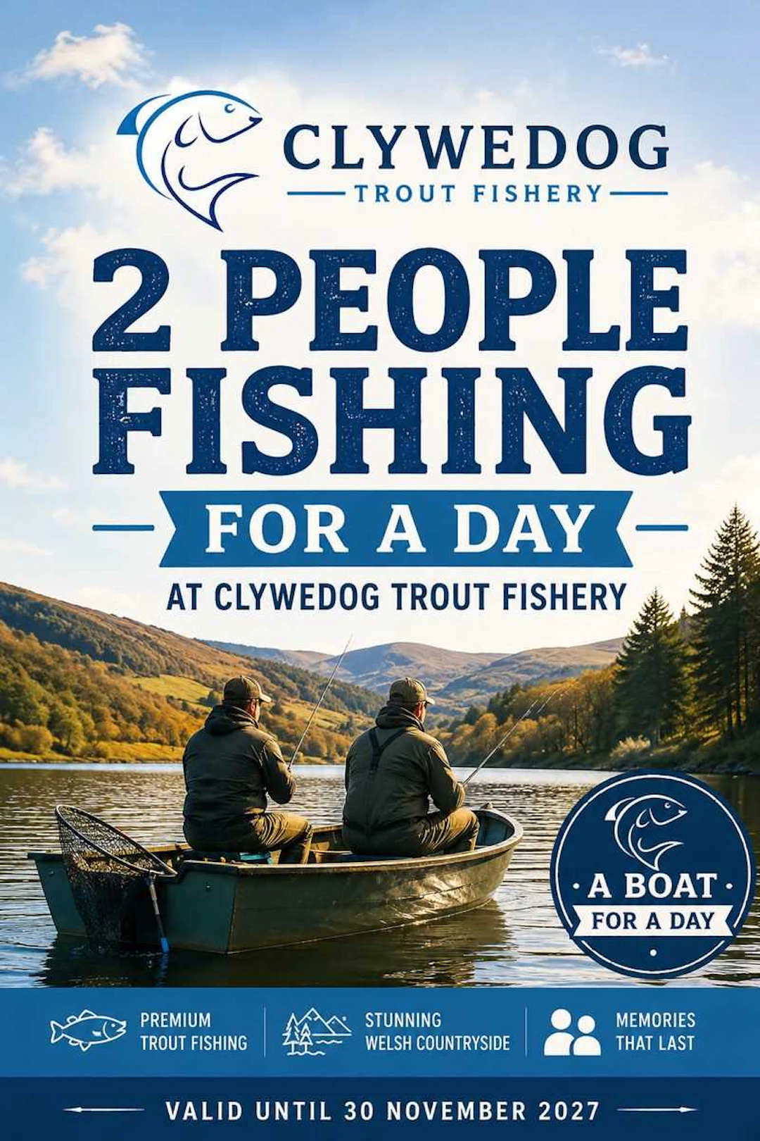 A Day for Two Rods with boat at Clywedog Trout Fishery, Llanidloes, Wales