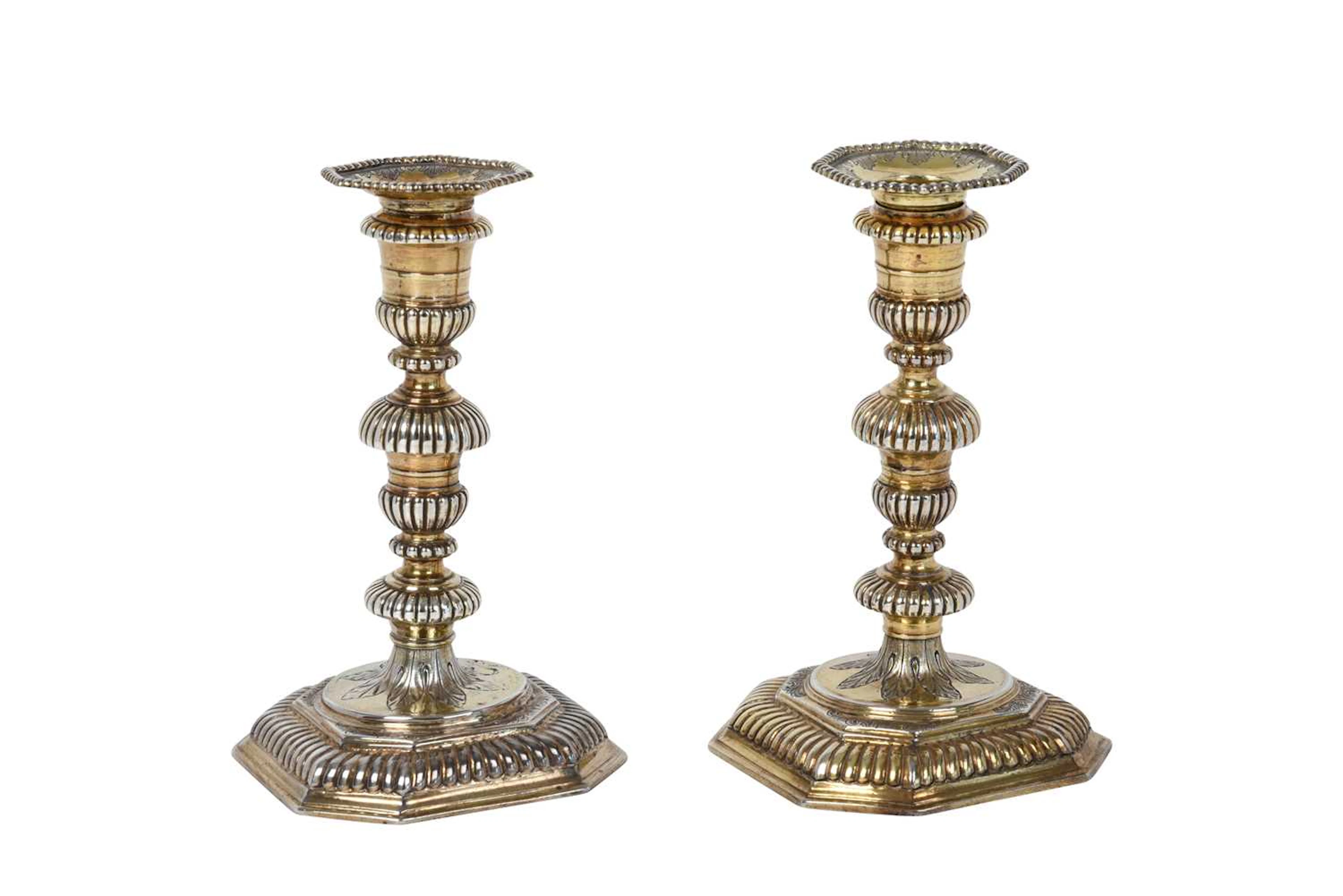 A Pair of William III Silver-Gilt Candlesticks by John Laughton, London