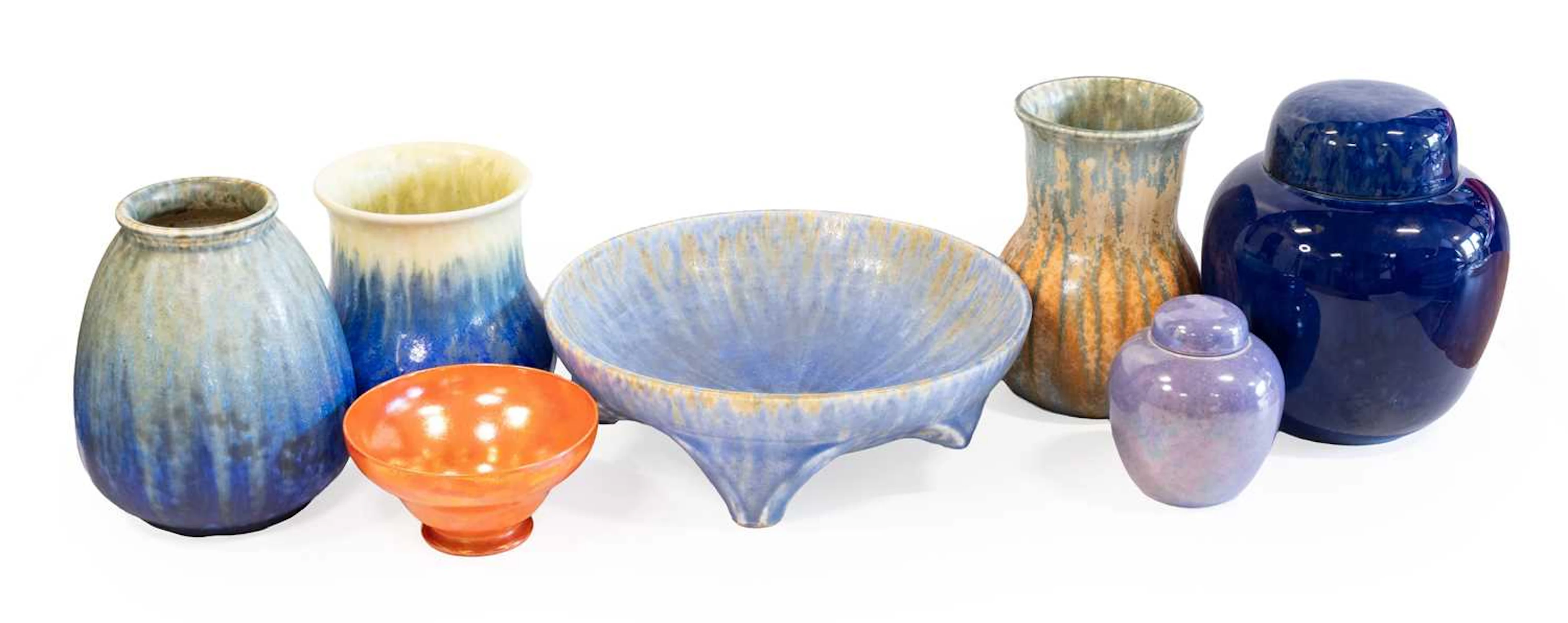 A Ruskin Pottery Crystalline Vase, Six Other Ruskin Pottery Vases/Bowls/Ginger