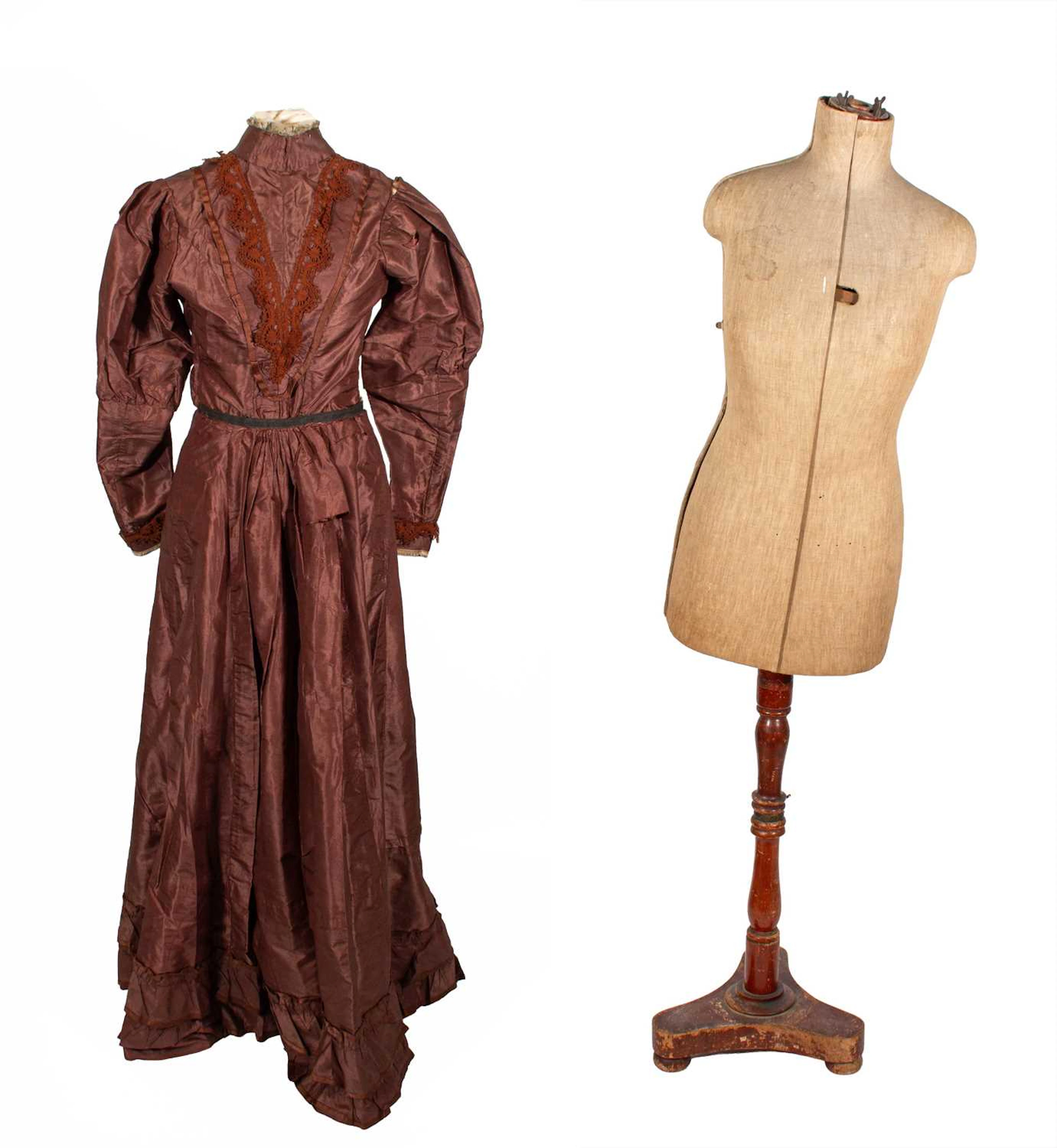 Victorian Brown Silk Two Piece Outfit, Ajustable Mannequin