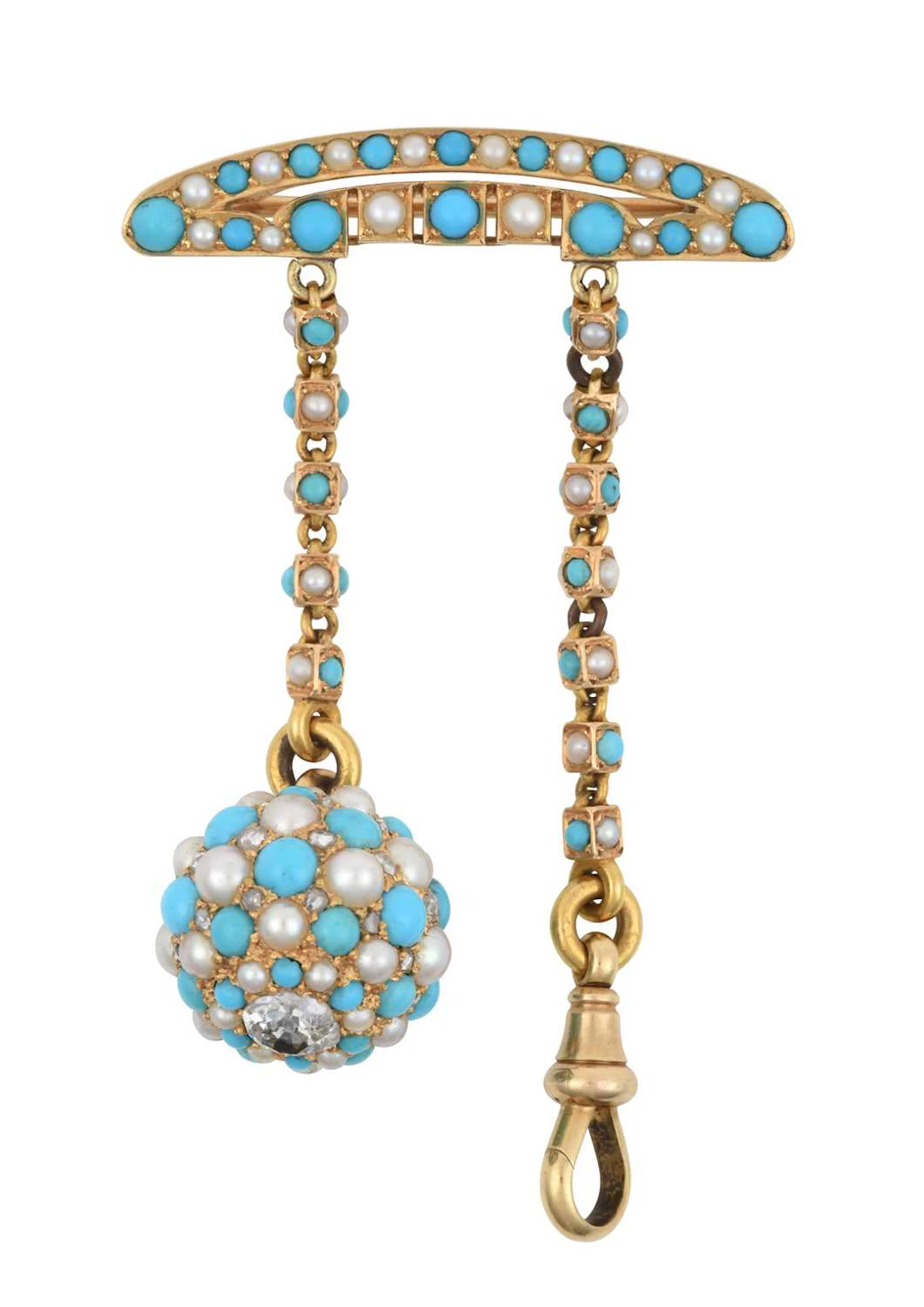 A Diamond, Turquoise and Split Pearl Fob