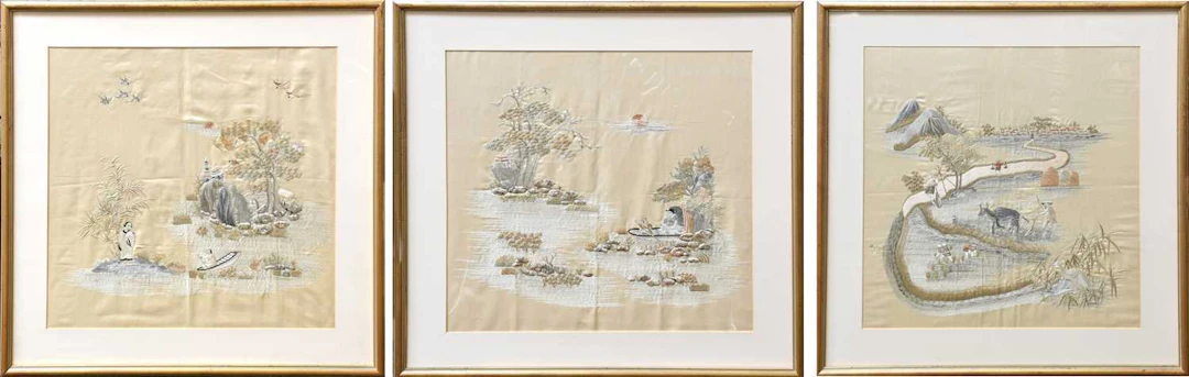 Three 20th Century Chinese Silk Embroideries depicting...