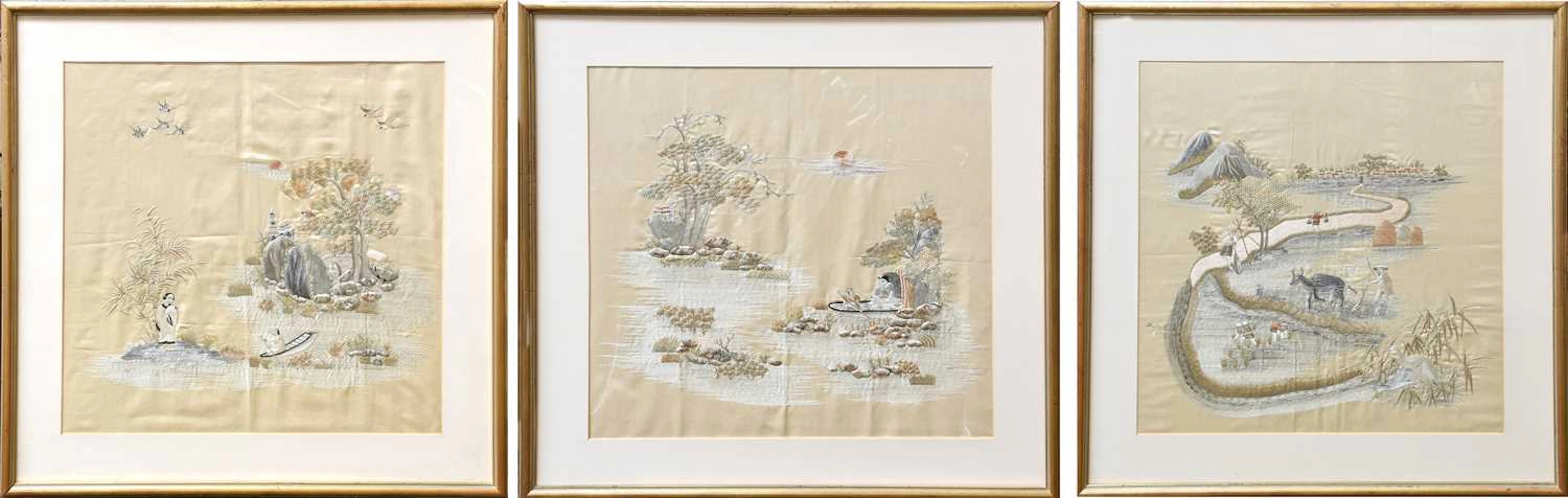 Three 20th Century Chinese Silk Embroideries depicting...