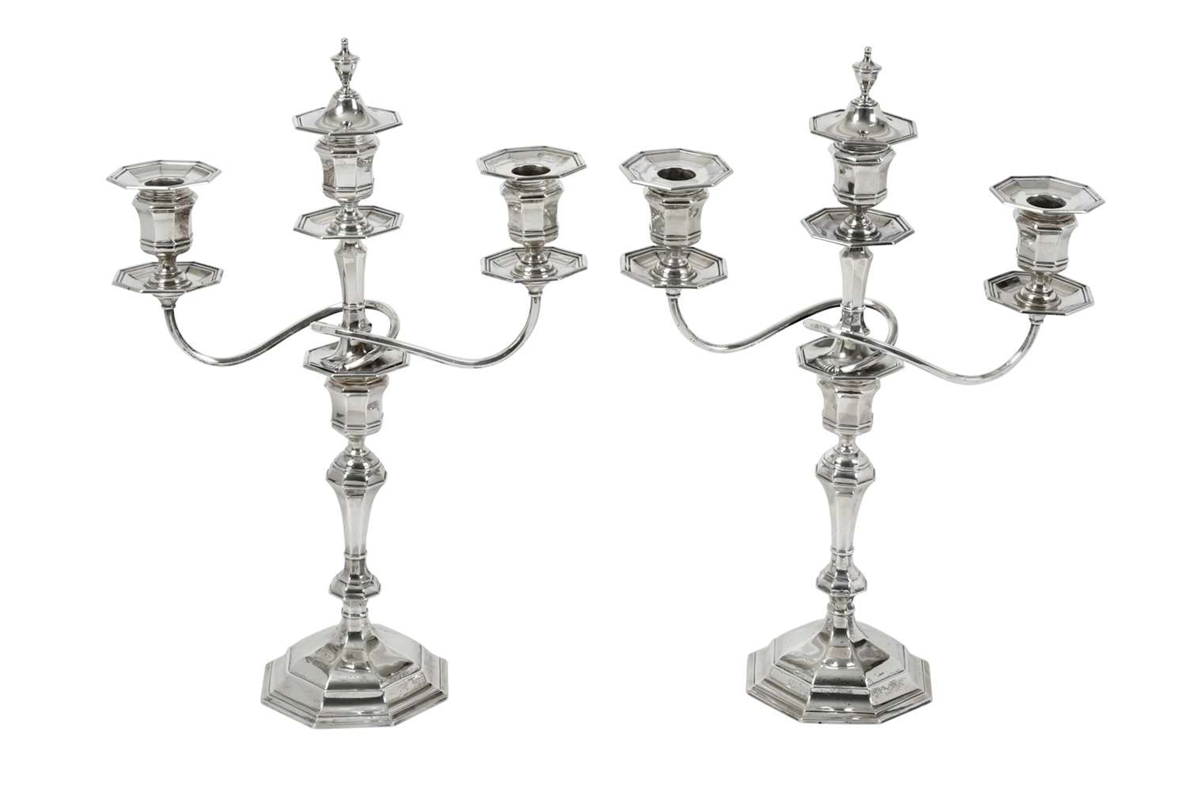 A Pair of Edward VII Silver Three-Light Candelabra by William Hutton