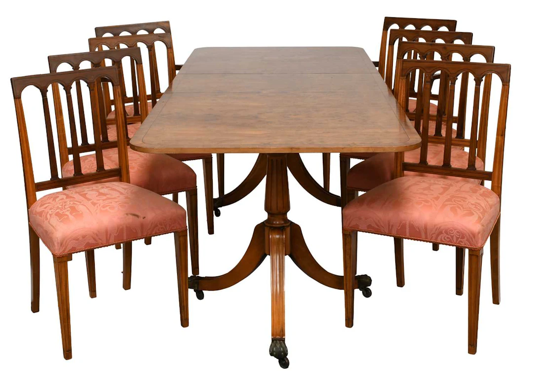 A Reproduction Crossbanded Yewwood Twin-Pillar Dining Table