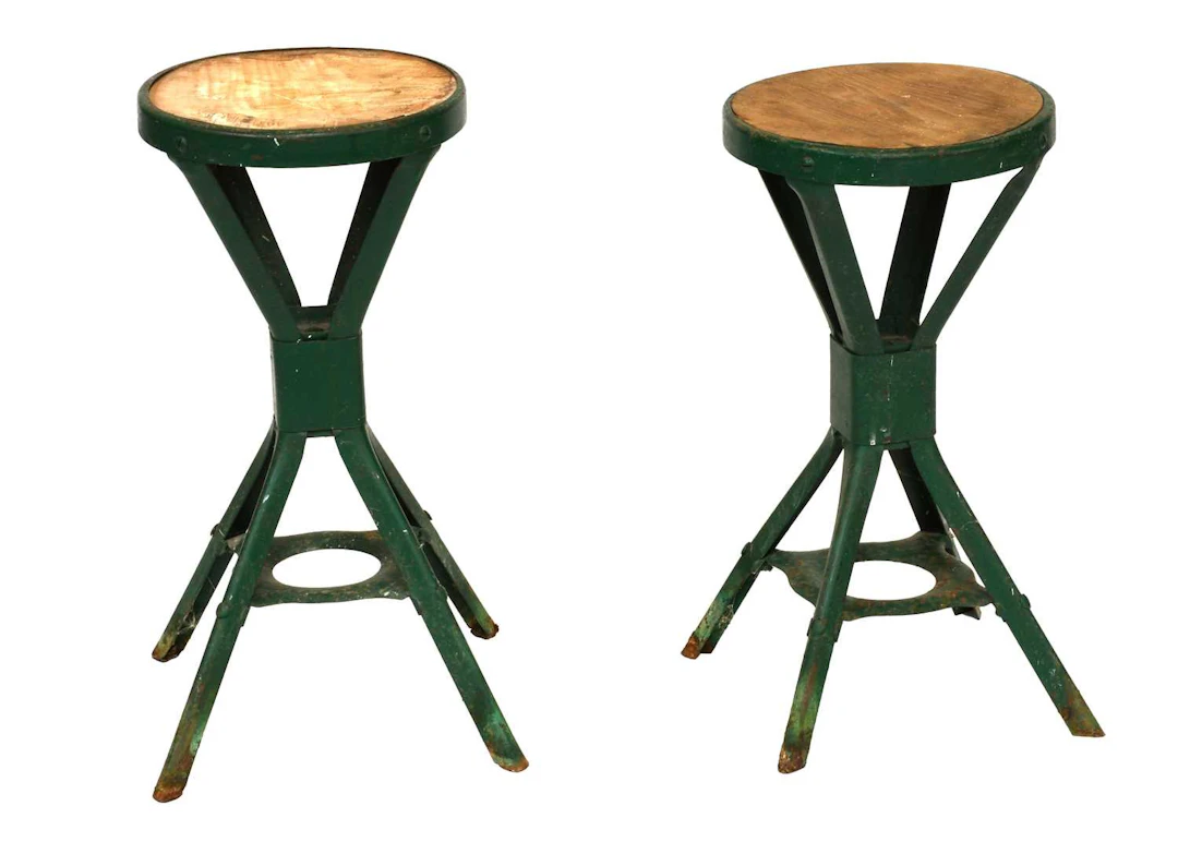 A Pair of Green Painted Metal Stools