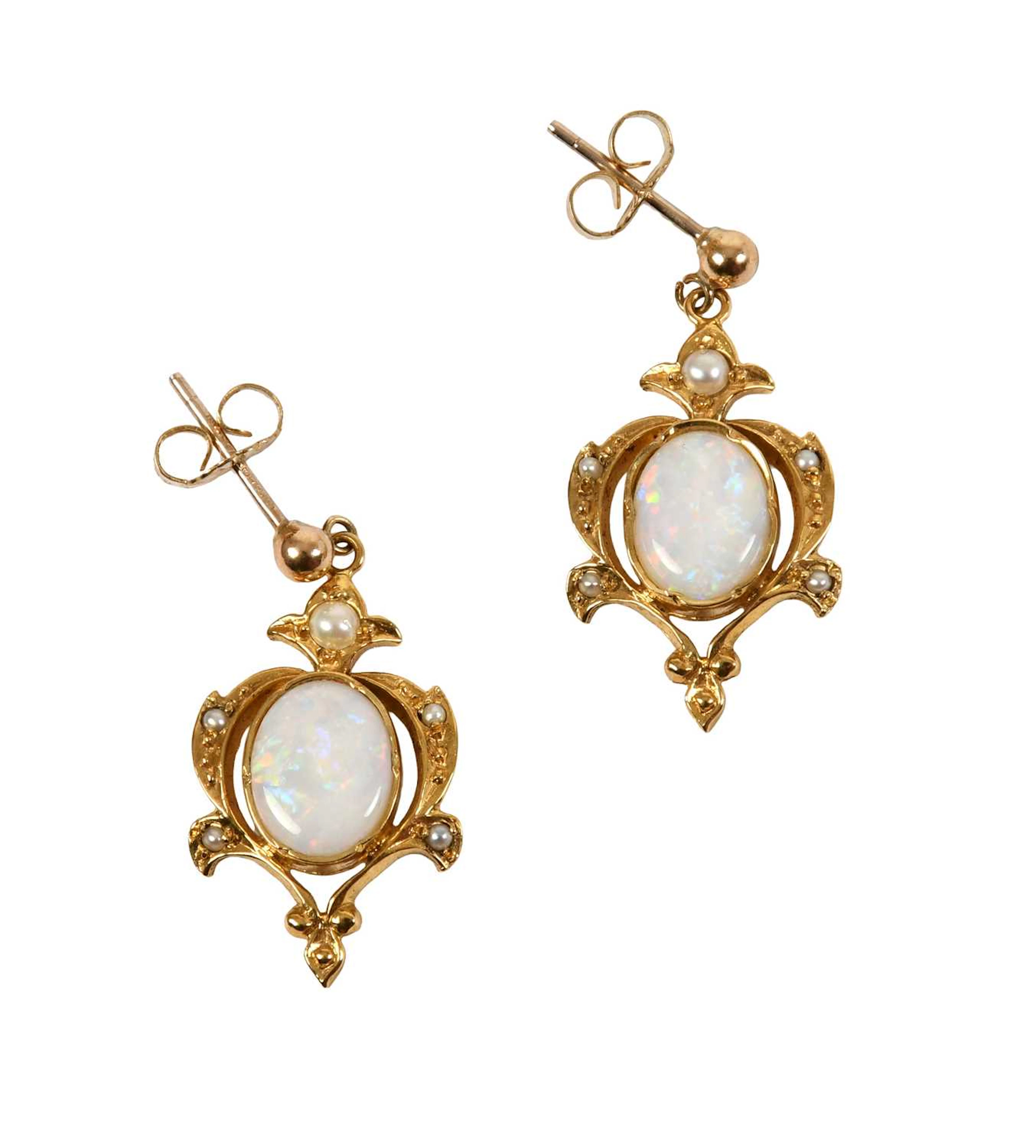 A Pair of 9 Carat Gold Opal and Split Pearl Earrings