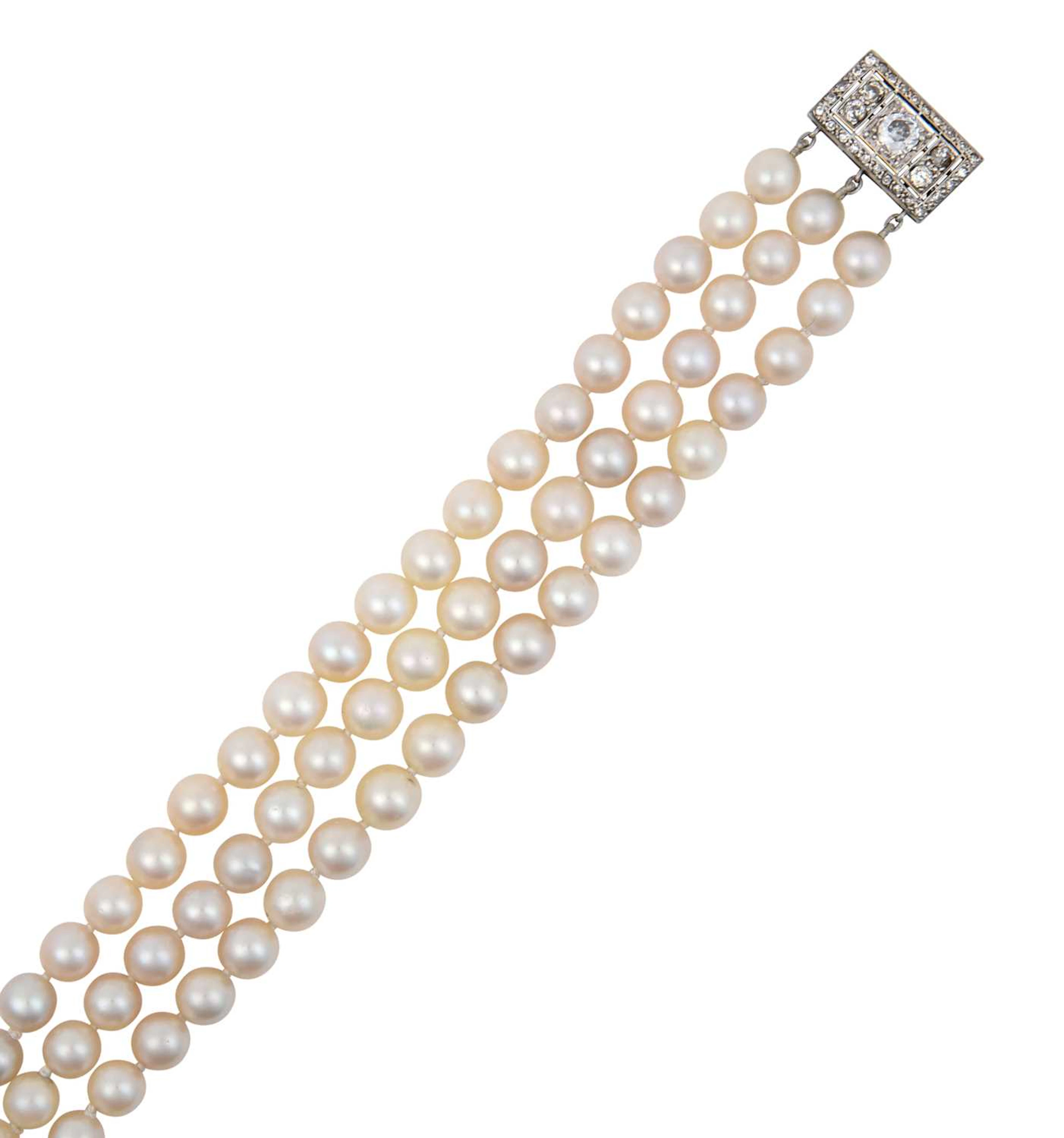 A Three Row Cultured Pearl Bracelet, with A Diamond Cluster Clasp