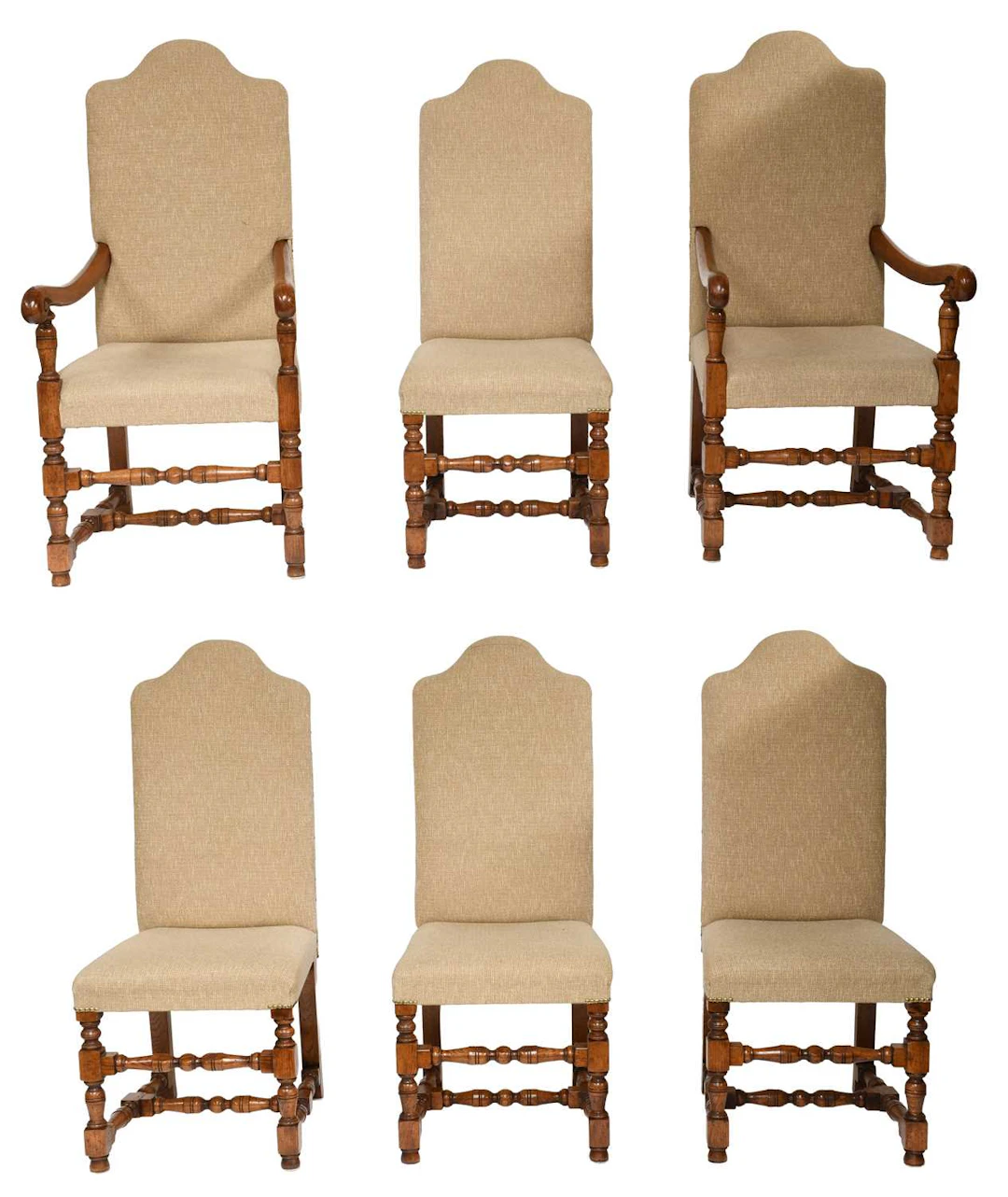 A Set of Six Charles II Style Oak Framed High Back Dining Chairs, 20th century