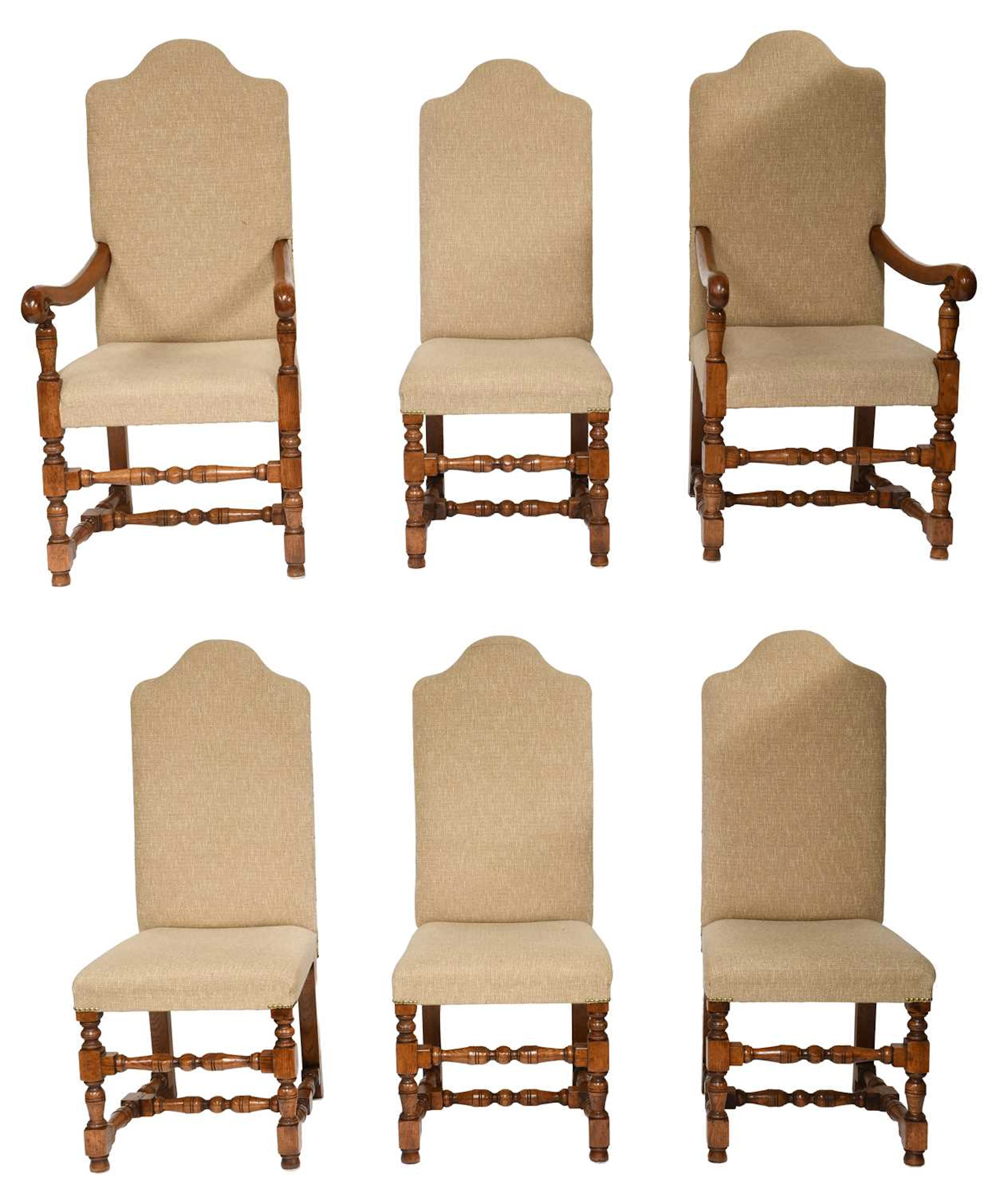 A Set of Six Charles II Style Oak Framed High Back Dining Chairs, 20th century