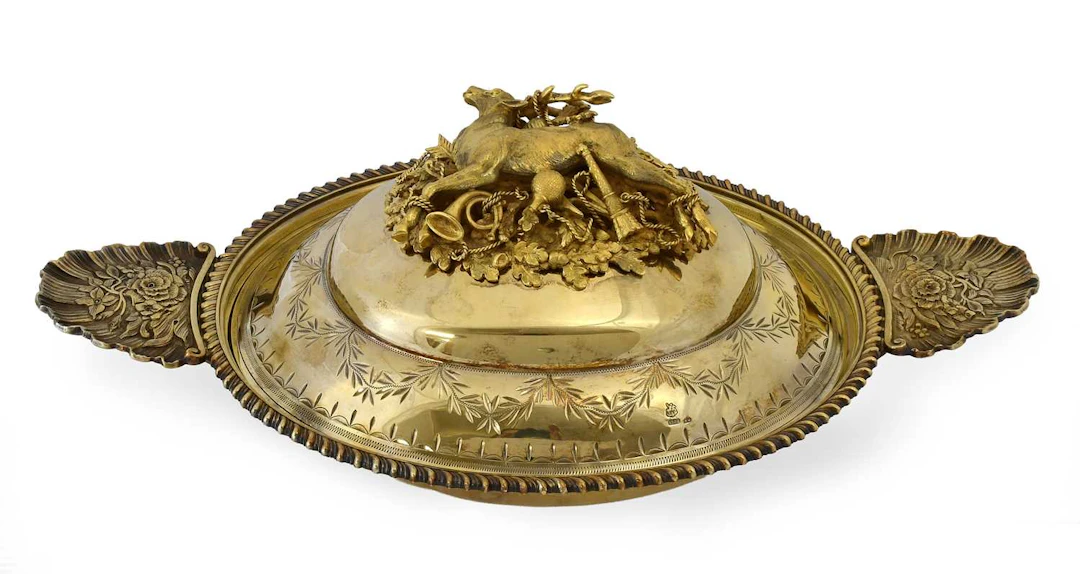 A Continental Gilt Dish and Cover, Bearing Spurious Russian Marks.