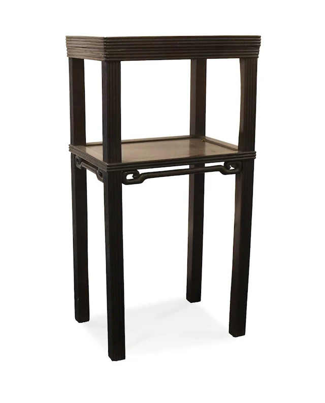 A Chinese Padouk Wood and Pink Marble Two-Tier Plant Stand, early 20th century
