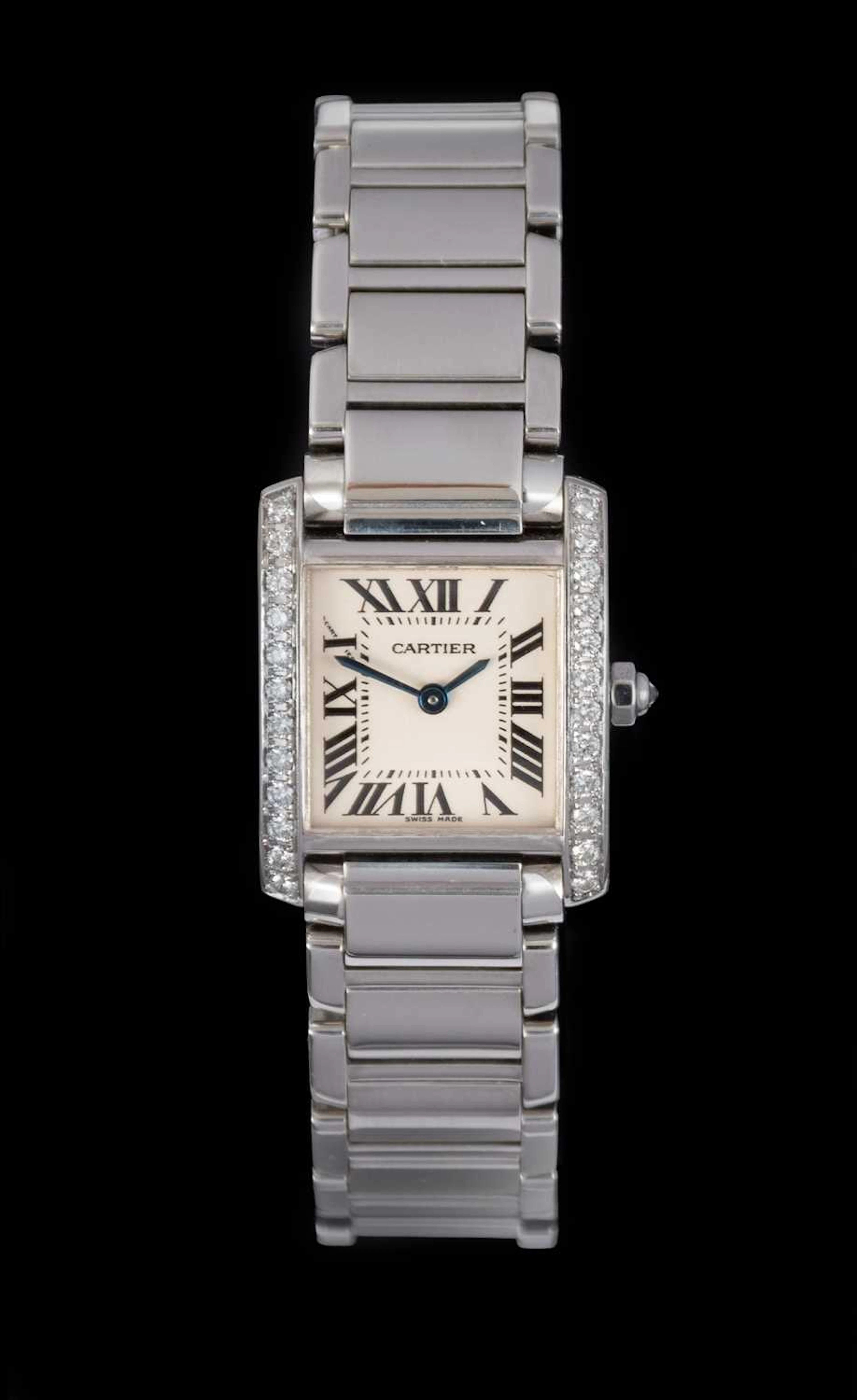 Cartier: A Lady's Stainless Steel Diamond Set Wristwatch, signed Cartier
