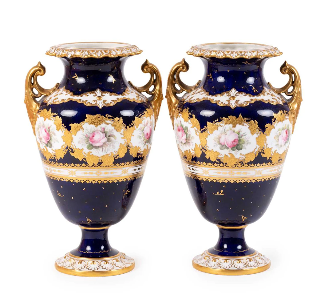 A Pair of Royal Crown Derby Twin-Handled Vases, circa 1900