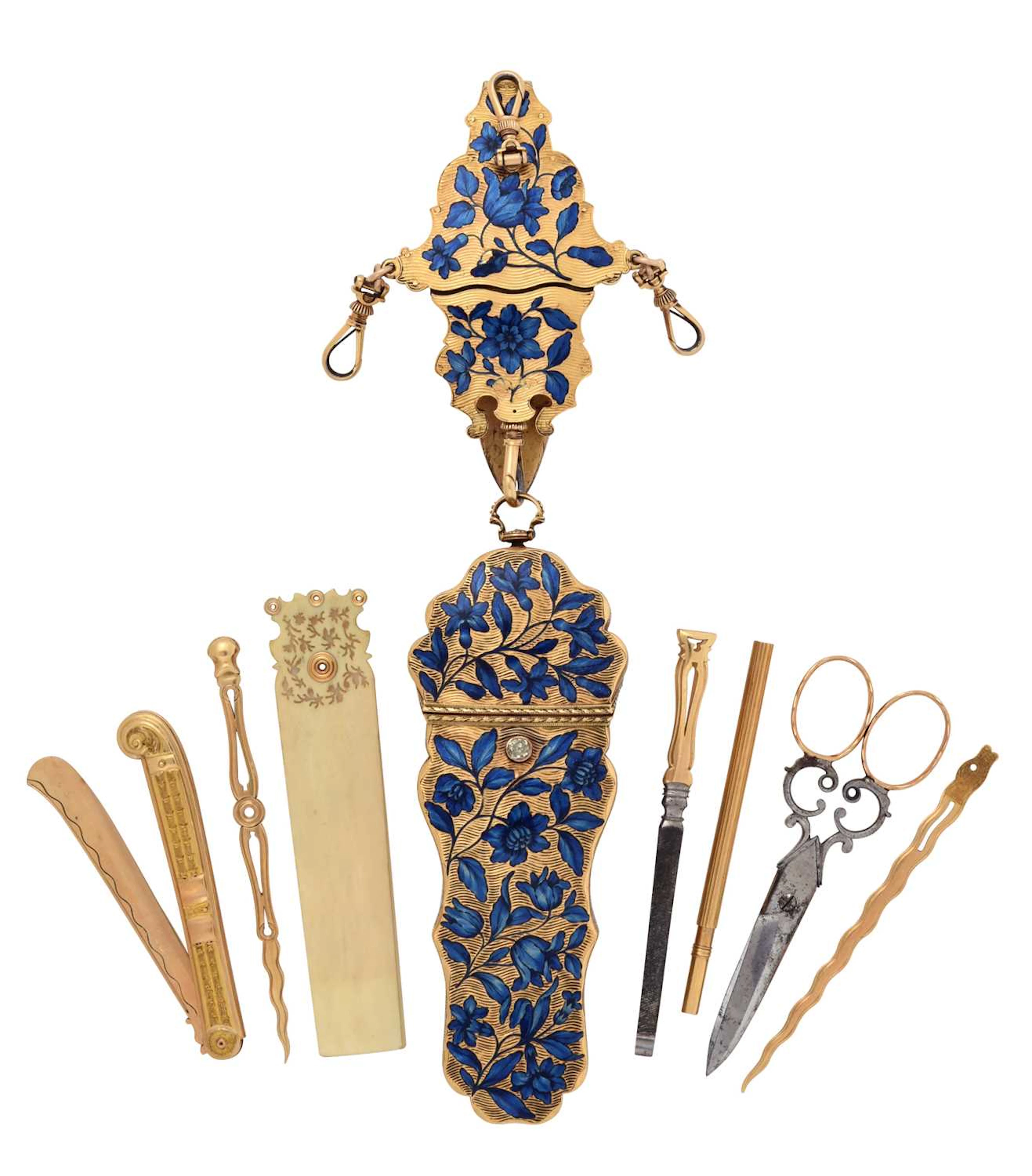 A Louis XV Gold and Enamel Nécessaire With a Gold-Faced Gilt-Metal