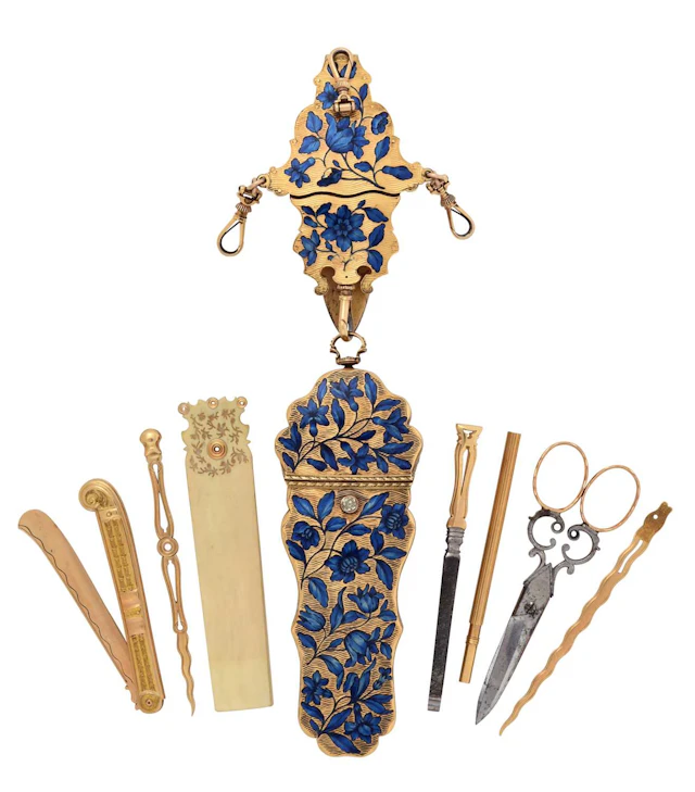 A Louis XV Gold and Enamel Nécessaire With a Gold-Faced Gilt-Metal