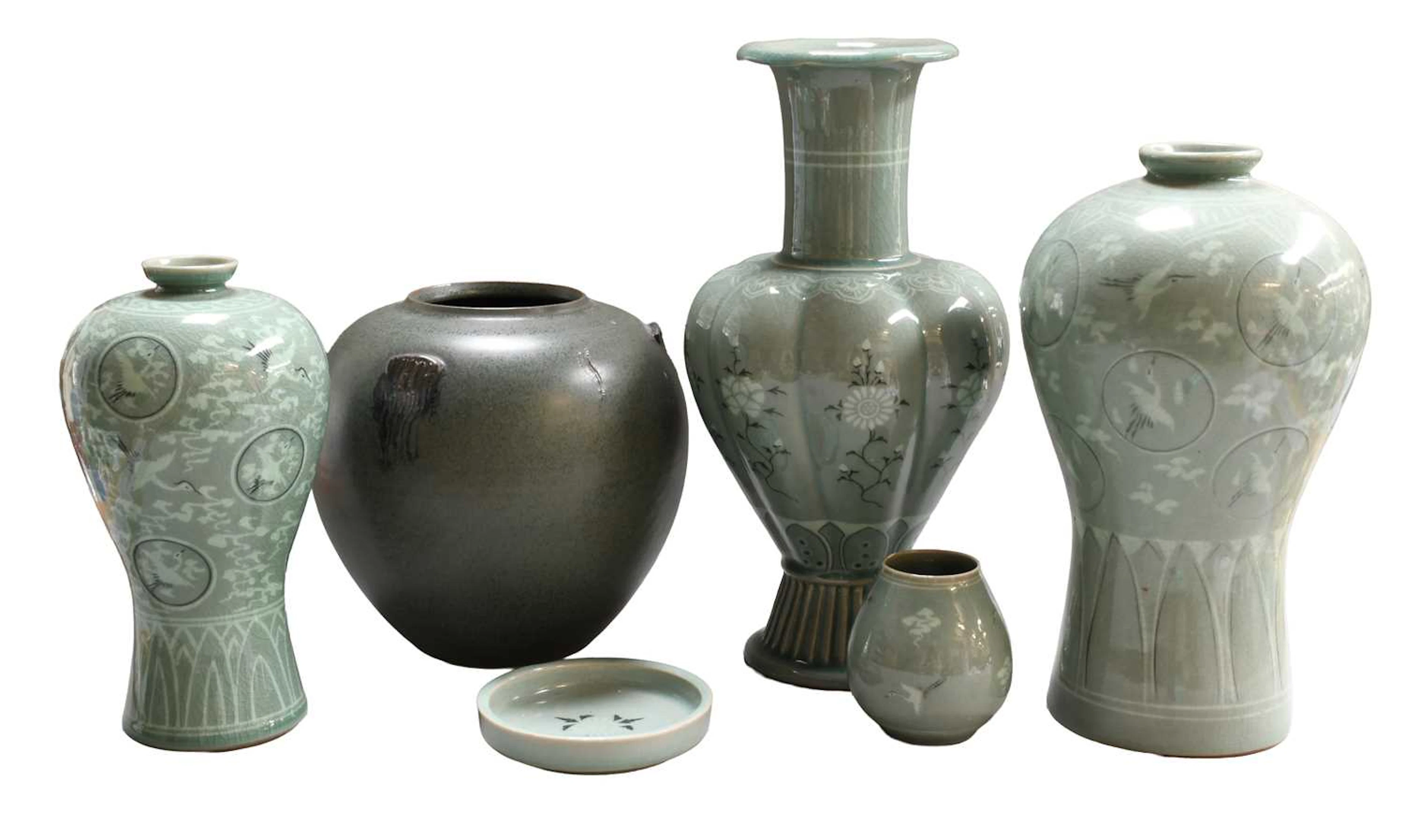 Five Pieces of Korean Celadon Porcelain, 20th century