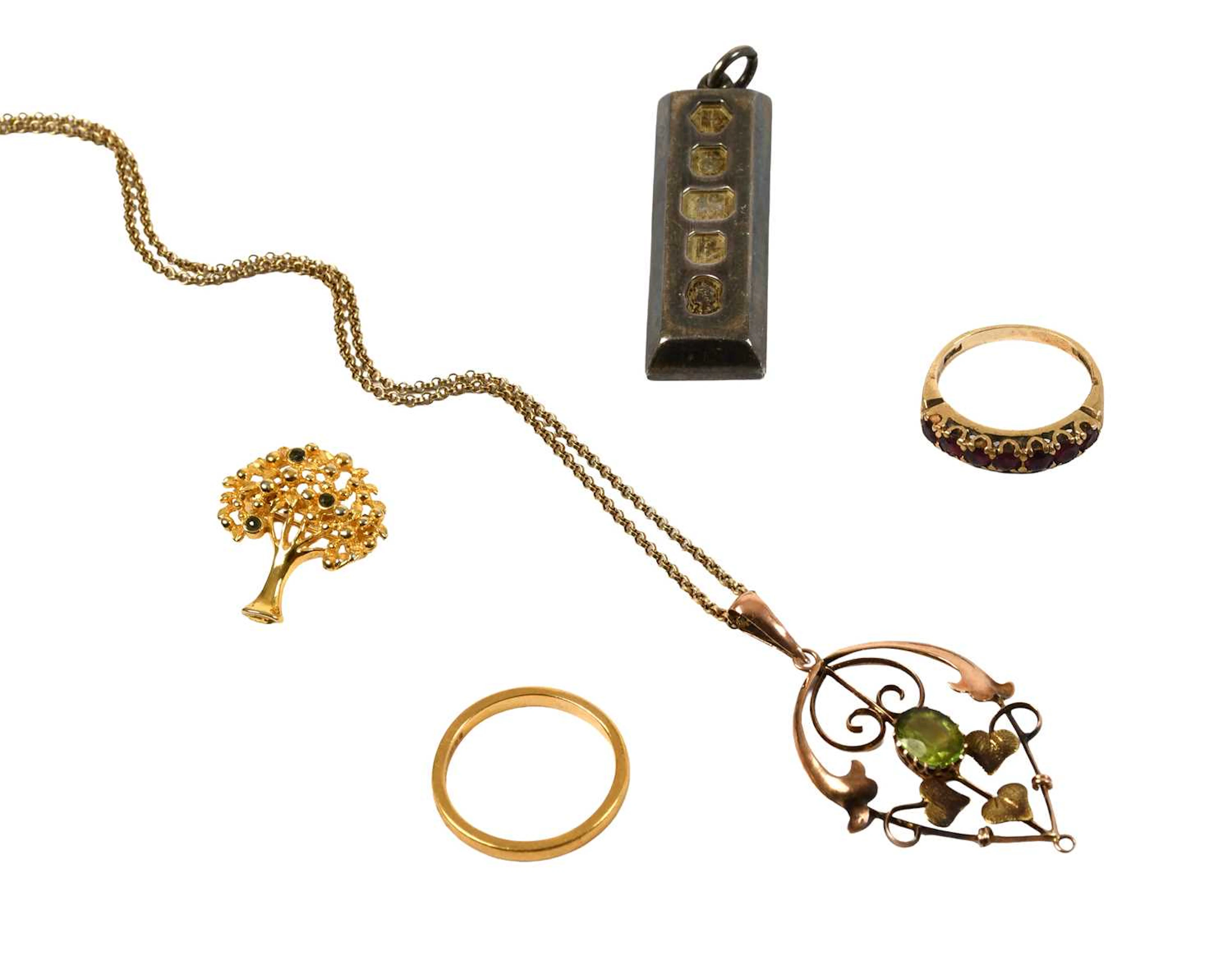 A 22 Carat Gold Wedding Ring, A Composite Green Stone Pendant on Chain