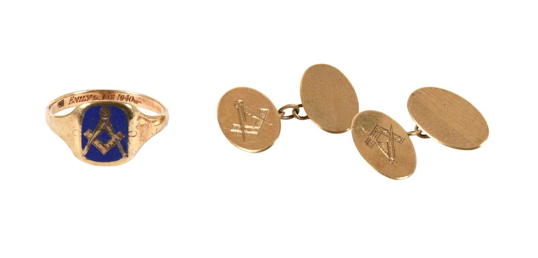 A Pair of 9 Carat Masonic Cufflinks, An Enamel Masonic Signet Ring