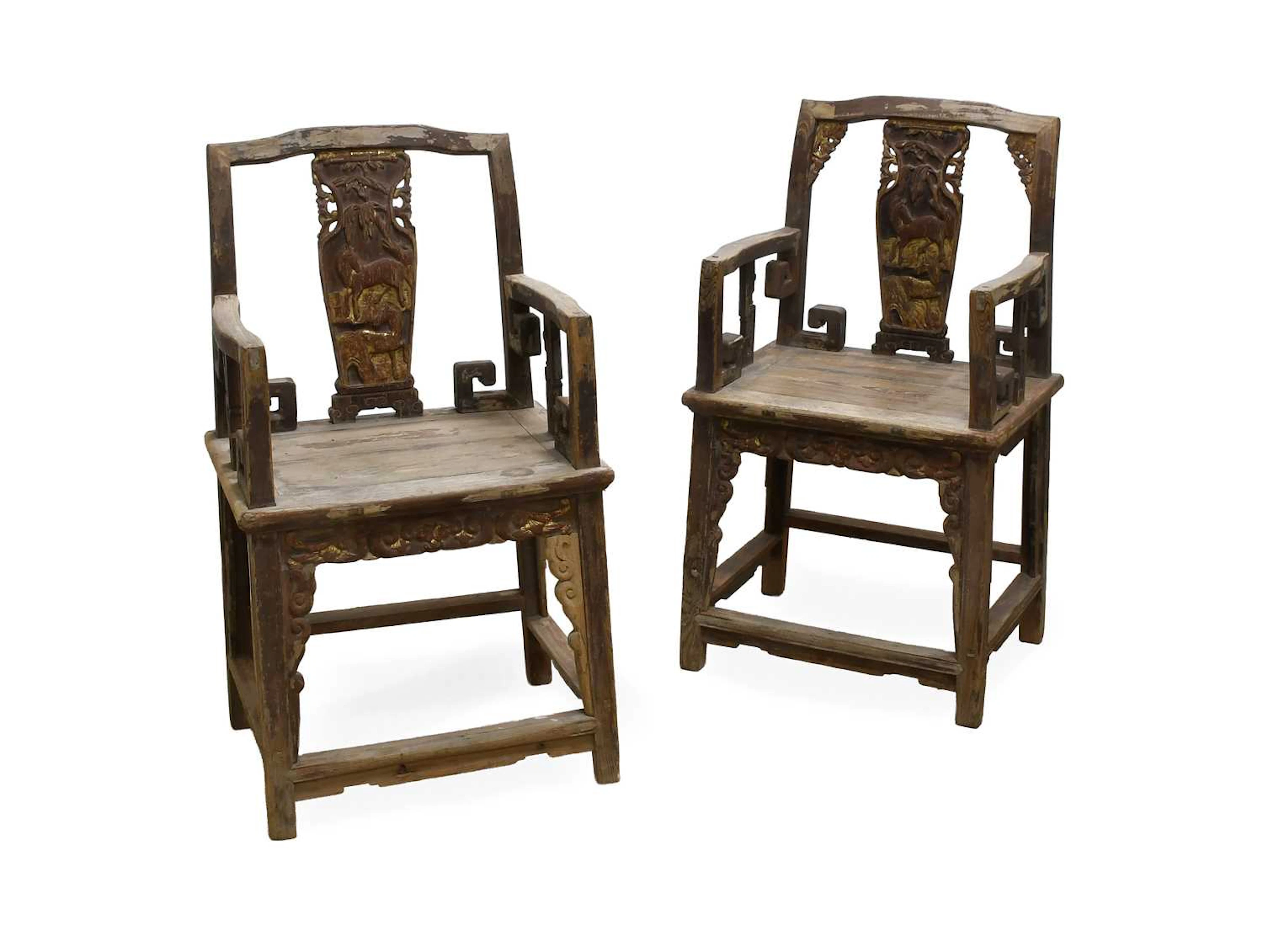 A Pair of Chinese Elm, Red-Painted and Carved Softwood Open Armchairs