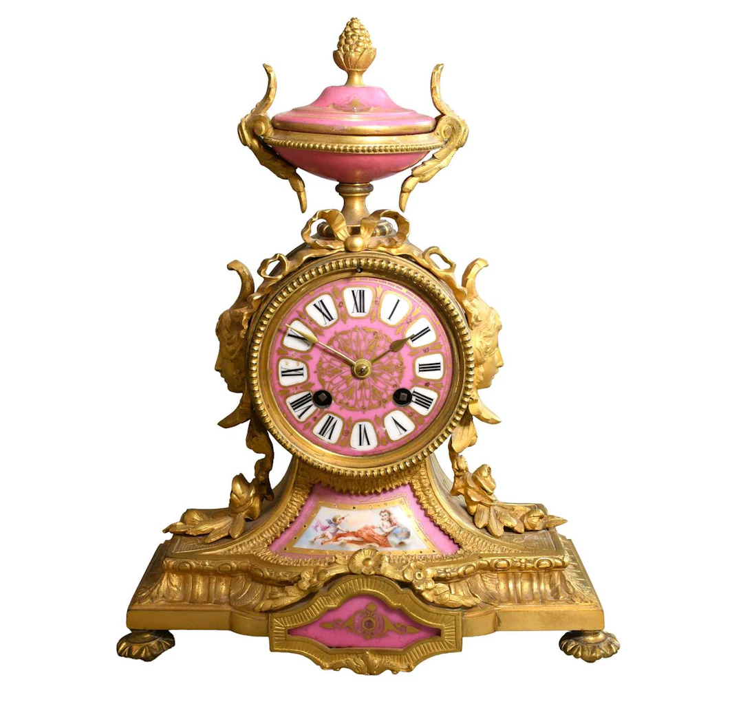 French Gilt Metal Pink Porcelain Mounted Striking Mantle Clock, circa 1880