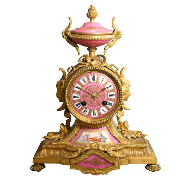 French Gilt Metal Pink Porcelain Mounted Striking Mantle Clock, circa 1880