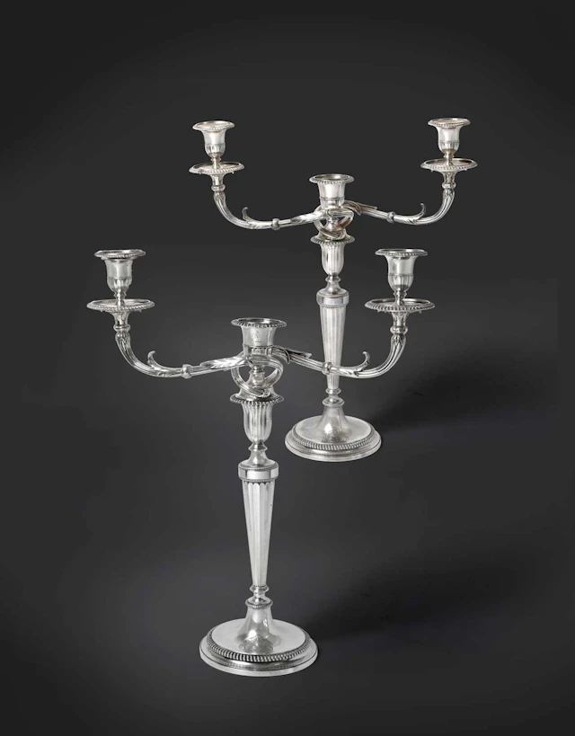A Pair of George III Silver Three-Light Candelabra by John Scofield