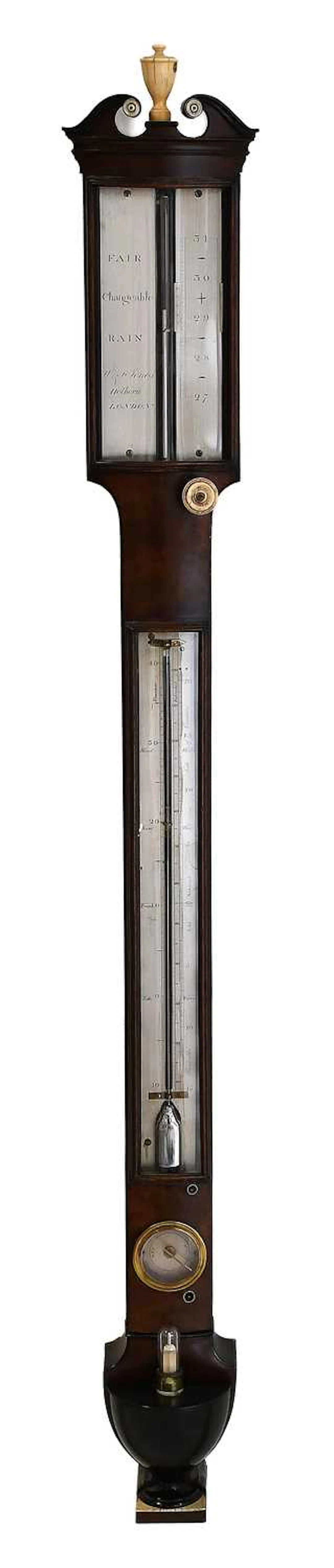 A Good Mahogany Bow Front Stick Barometer with an Unusual Ivory Float