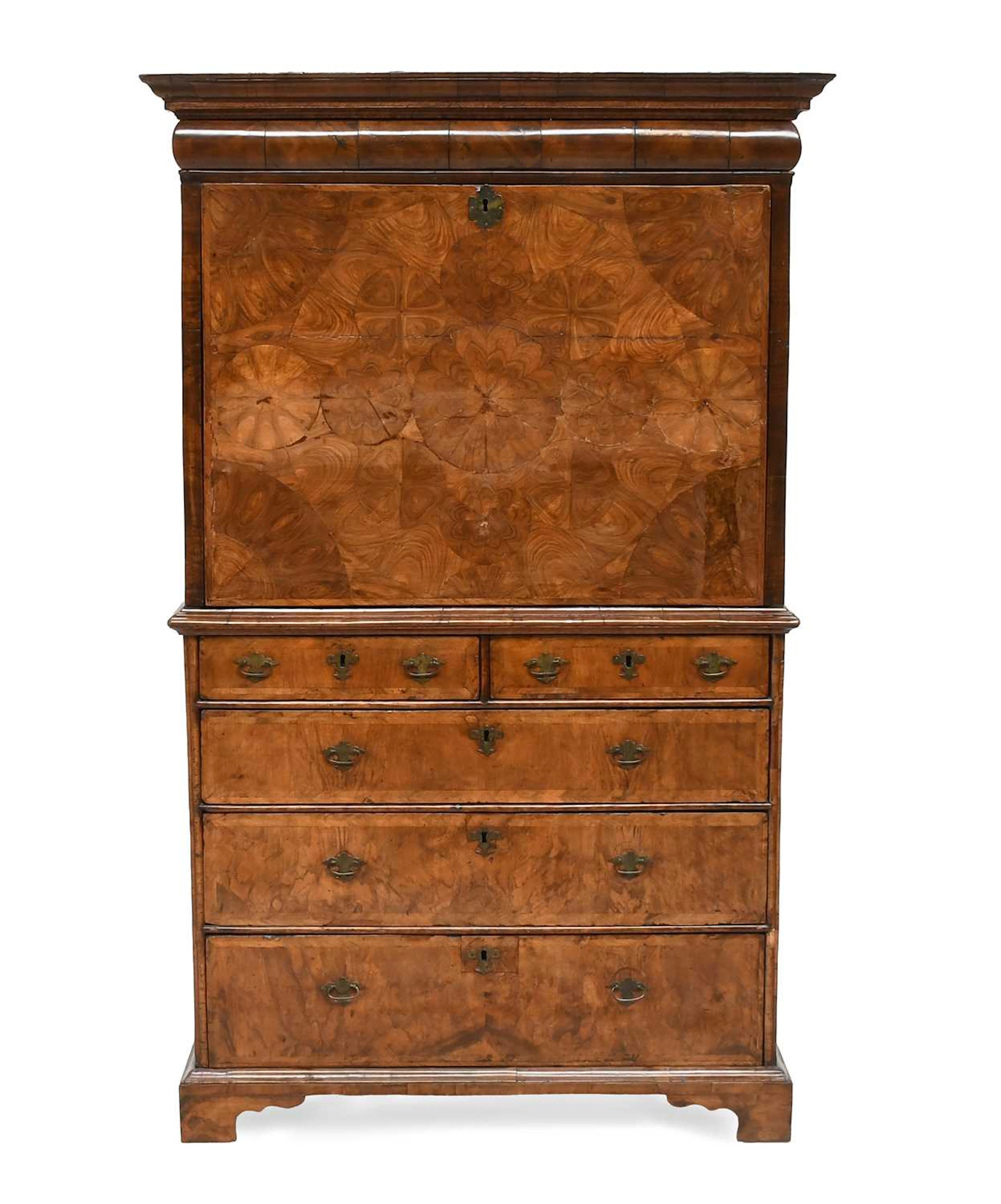 A George I Walnut, Featherbanded and Oyster-Veneered Escritoire, early