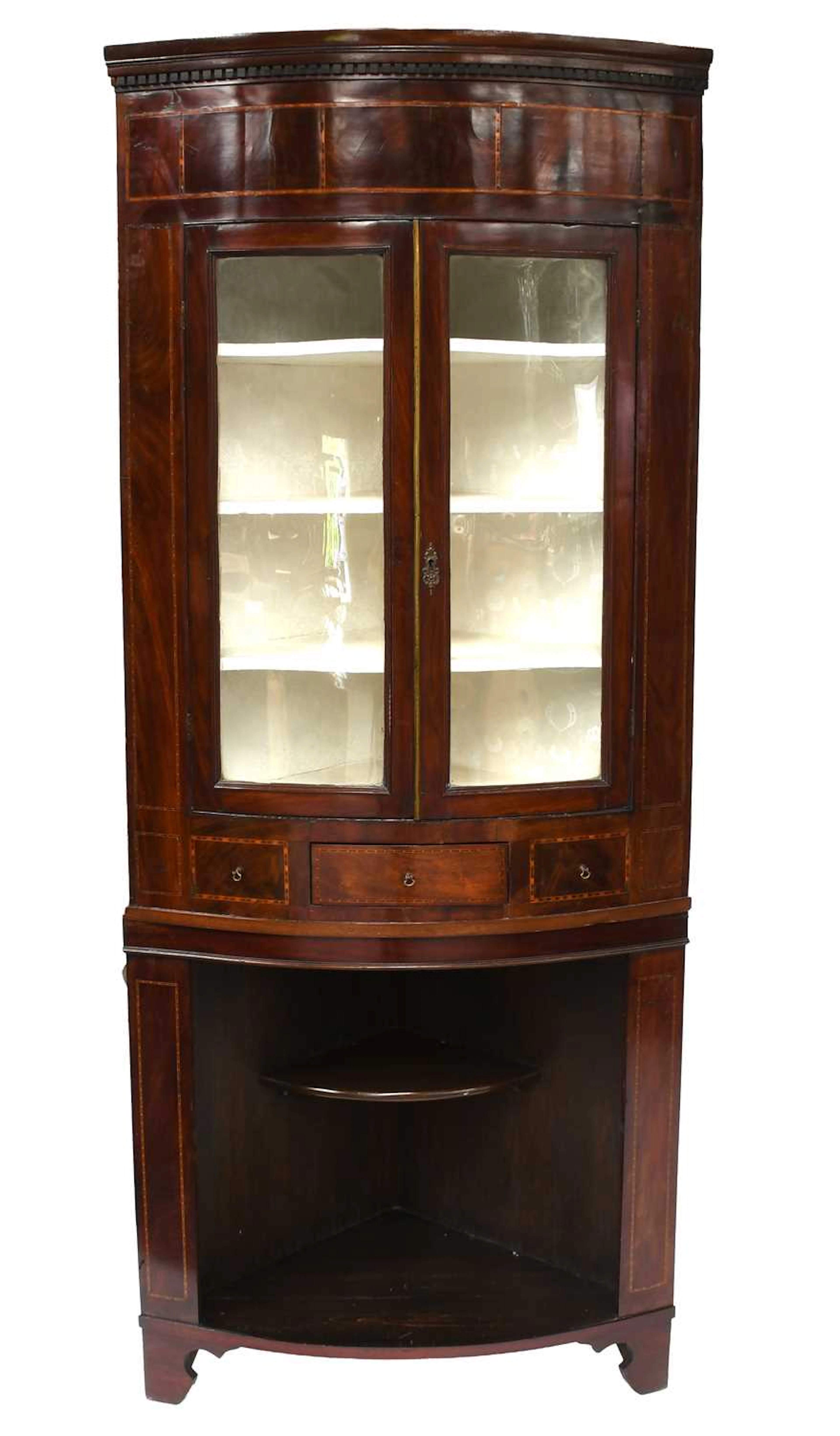 A Mahogany Part-Glazed Bow-Fronted Freestanding Corner Cupboard
