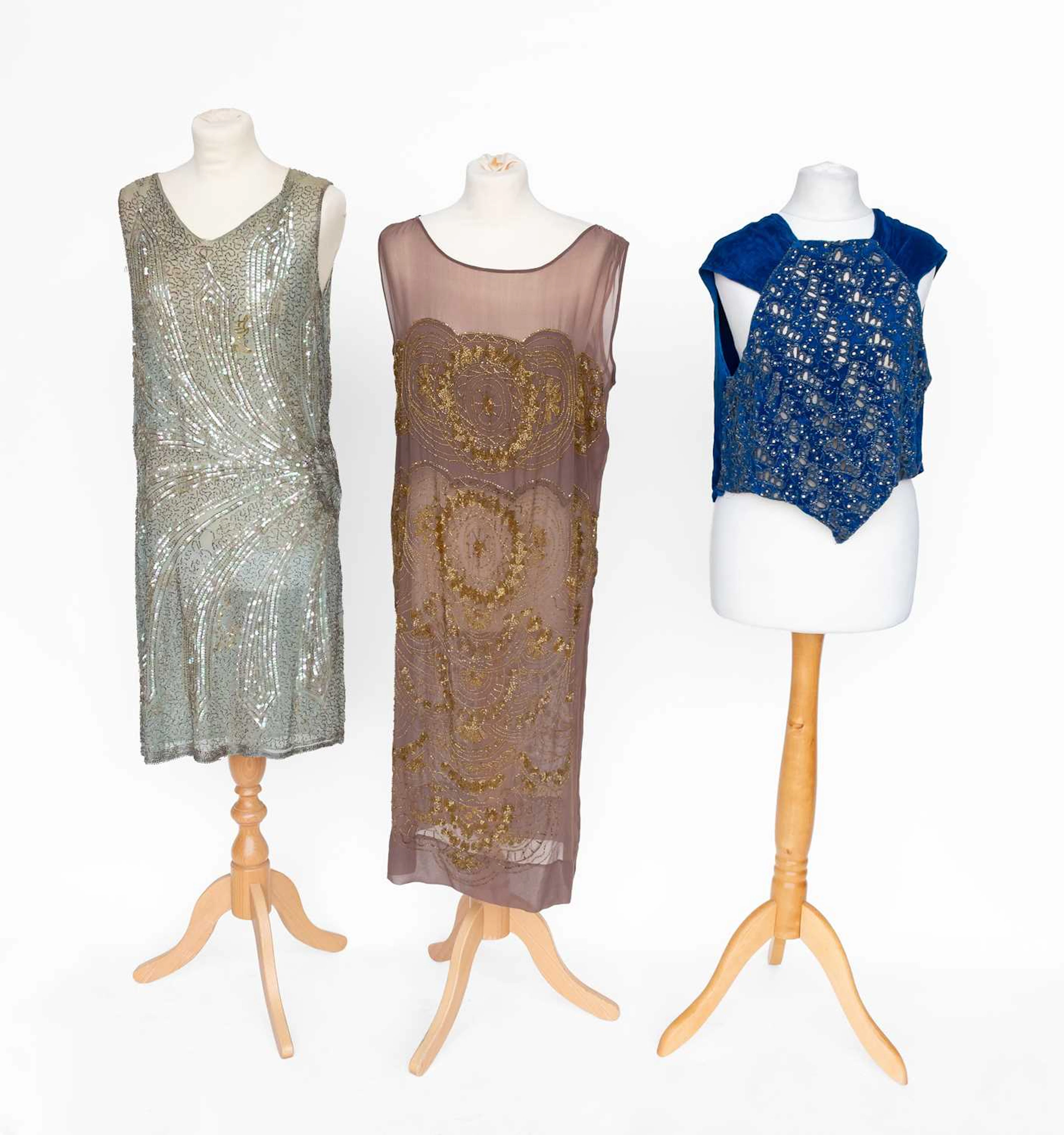 Circa 1920s Sleeveless, Pale Green Cotton Dress, Royal Blue Velvet