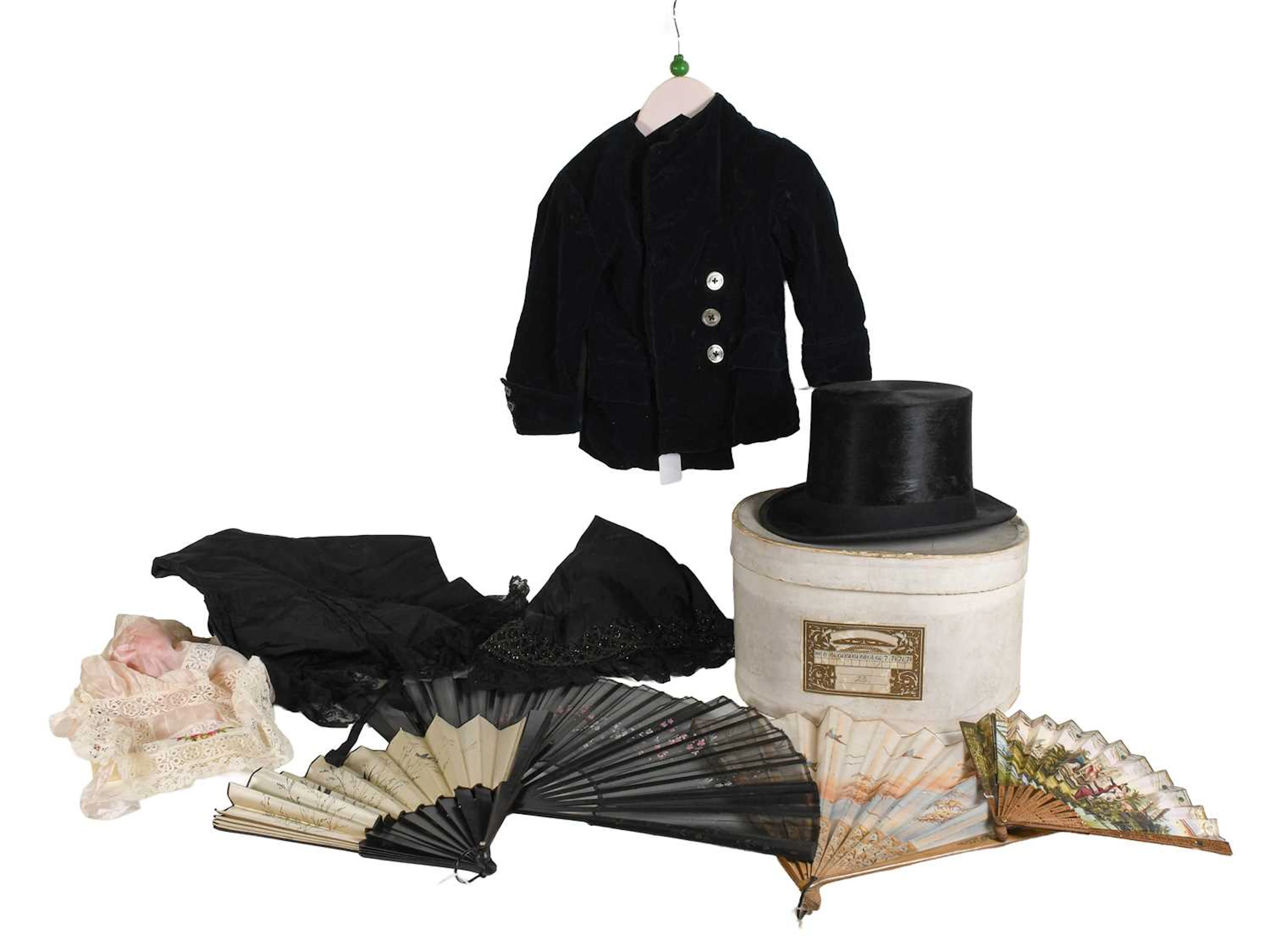 Superfine London Black Silk Top Hat, Fans and Other Items