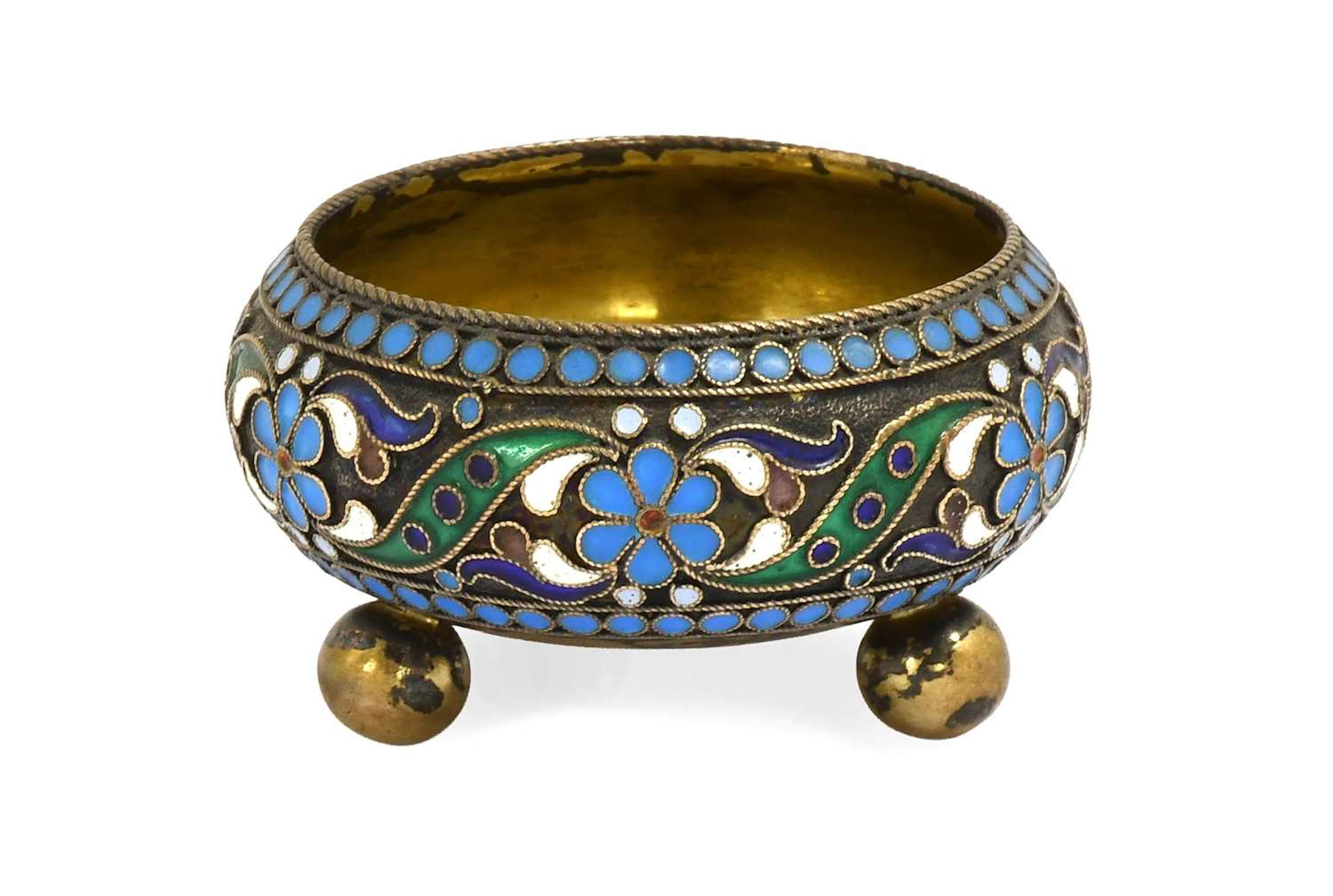 A Russian Silver-Gilt and Cloisonne Enamel Salt-Cellar, by Pyetr Baskakov