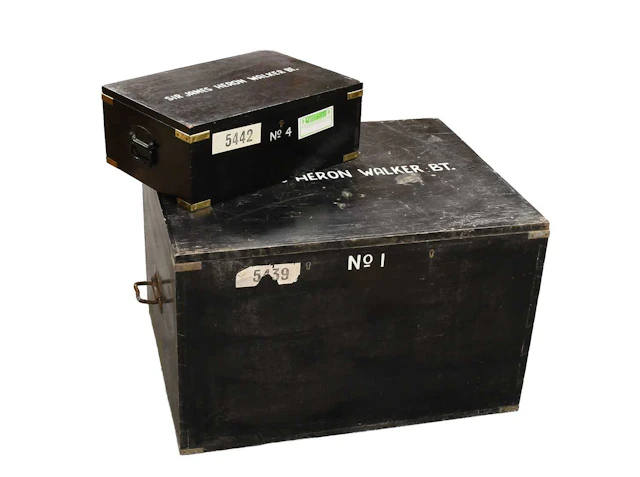 Two Black Painted Metal-Mounted Wood Plate Chests Second Half 20th