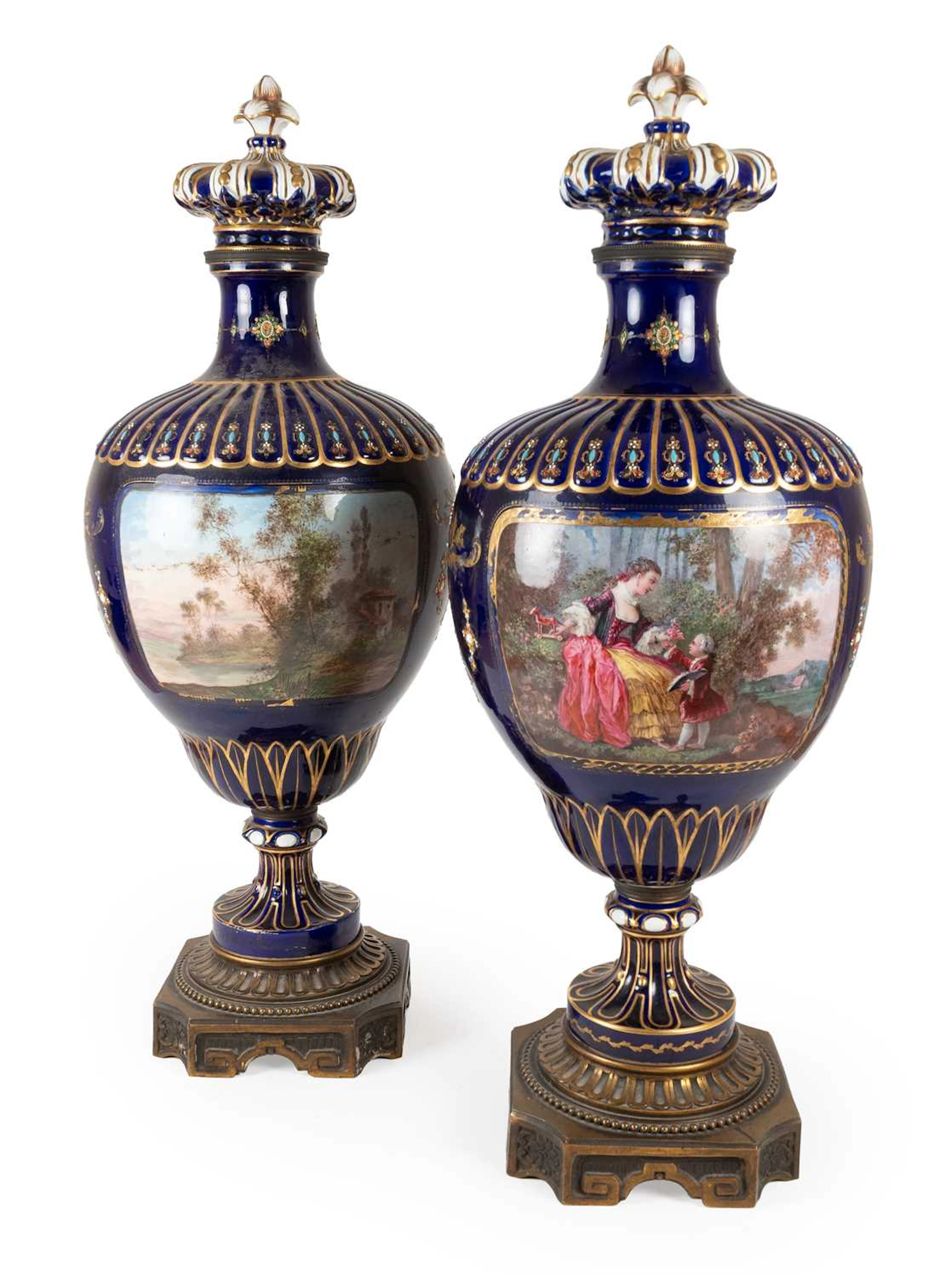 A Pair of Sèvres Style Gilt-Metal-Mounted Porcelain Vases and Covers