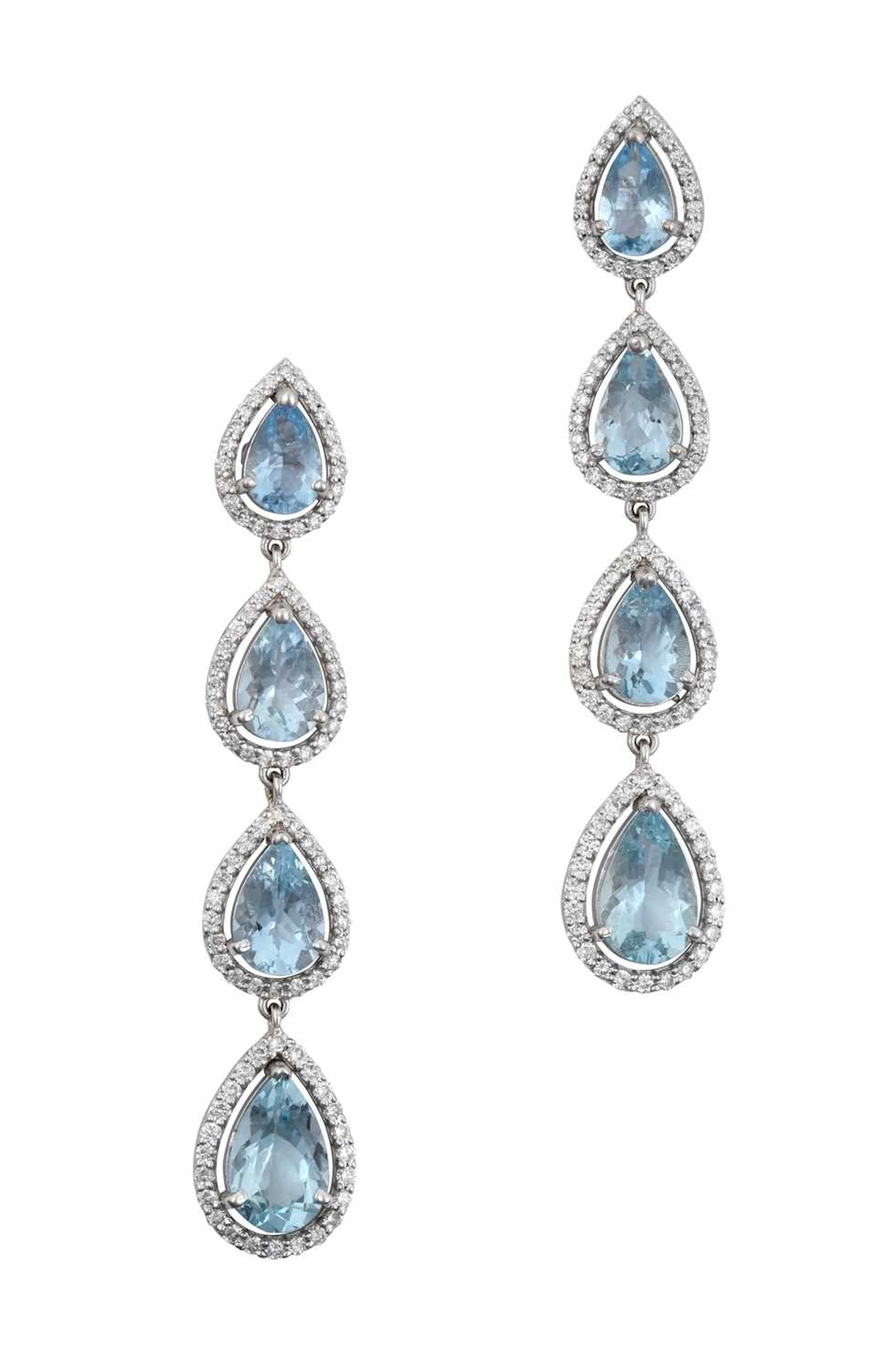 A Pair of 14 Carat White Gold Aquamarine and Diamond Drop Earrings